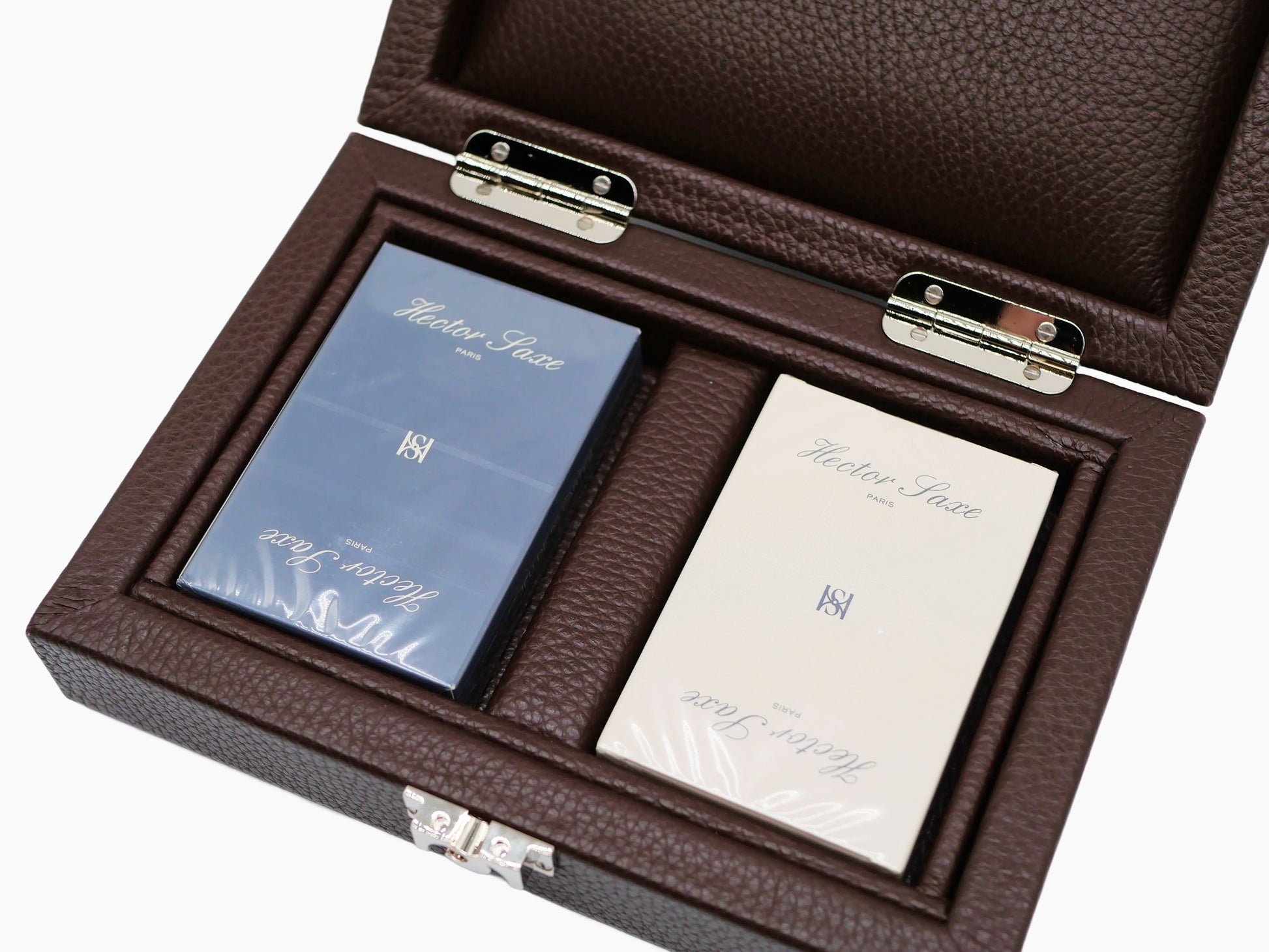 Open buffalo leather card case displaying two decks blue and cream inside