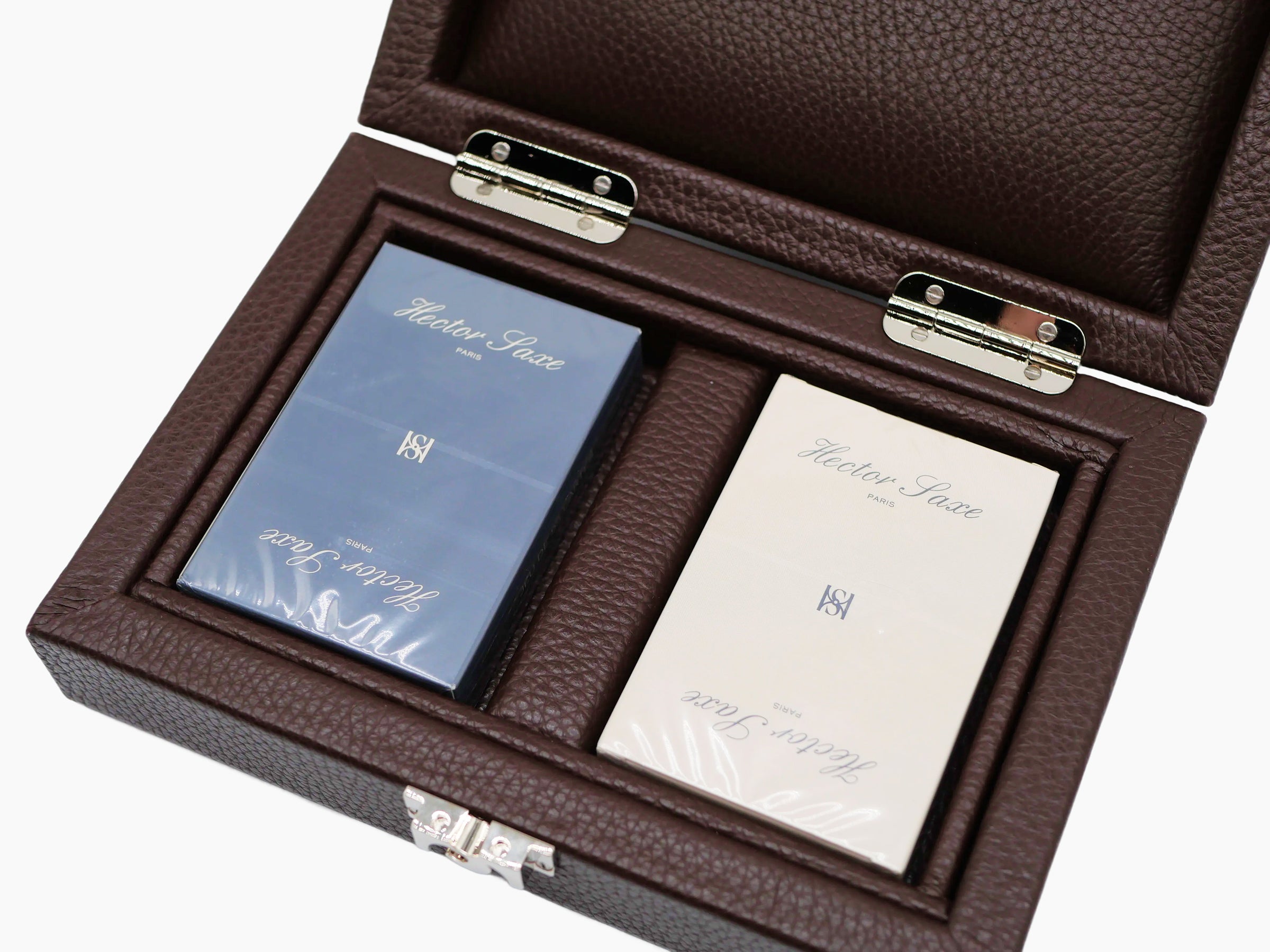 Open buffalo leather card case displaying two decks blue and cream inside