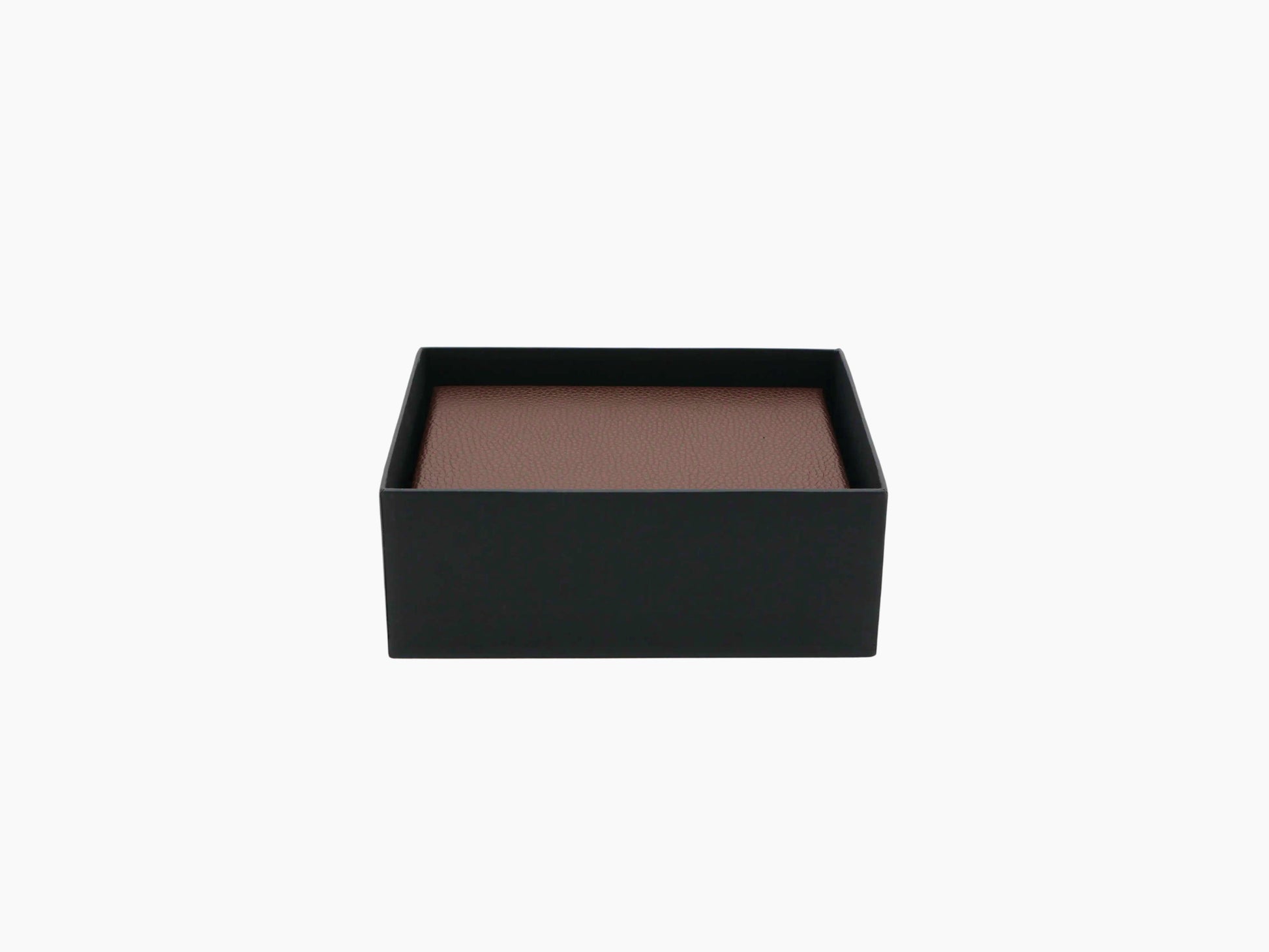 Black rectangular box with a brown pebbled leather insert inside