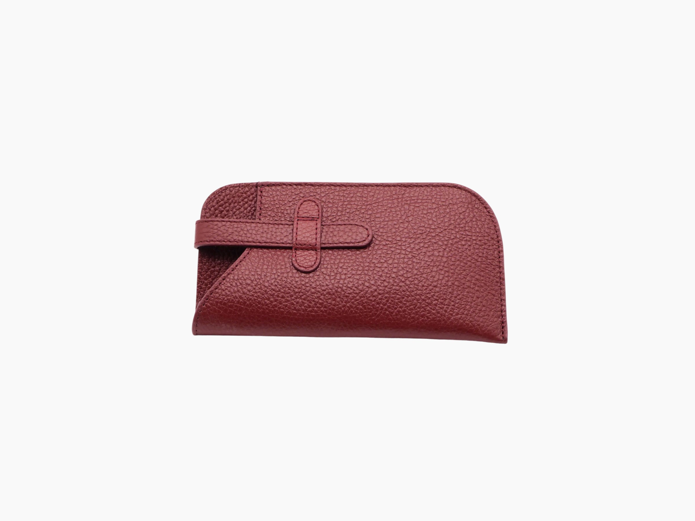 Buffalo Bordeaux leather glasses case featuring a strap and metal ring buckle