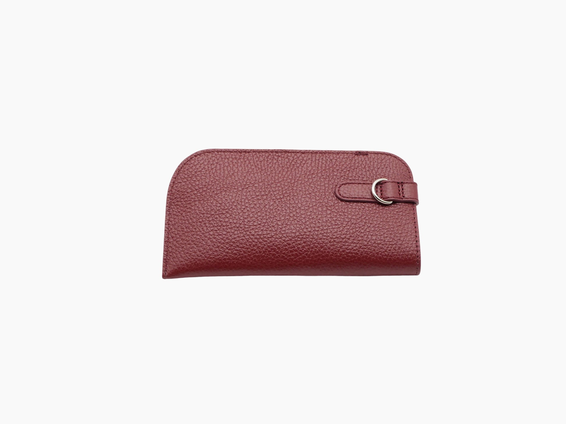 Buffalo Bordeaux leather glasses case shown with a side buckle strap