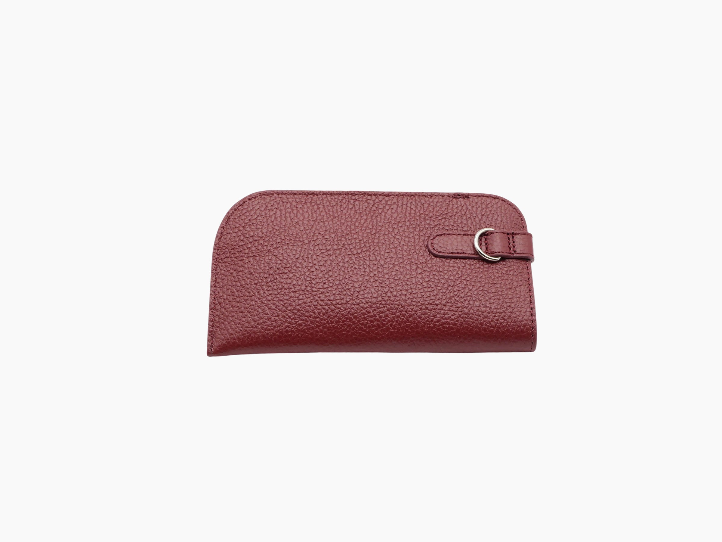 Buffalo Bordeaux leather glasses case shown with a side buckle strap