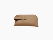 Buffalo Cognac brown textured leather glasses case with a front strap and loop closure.