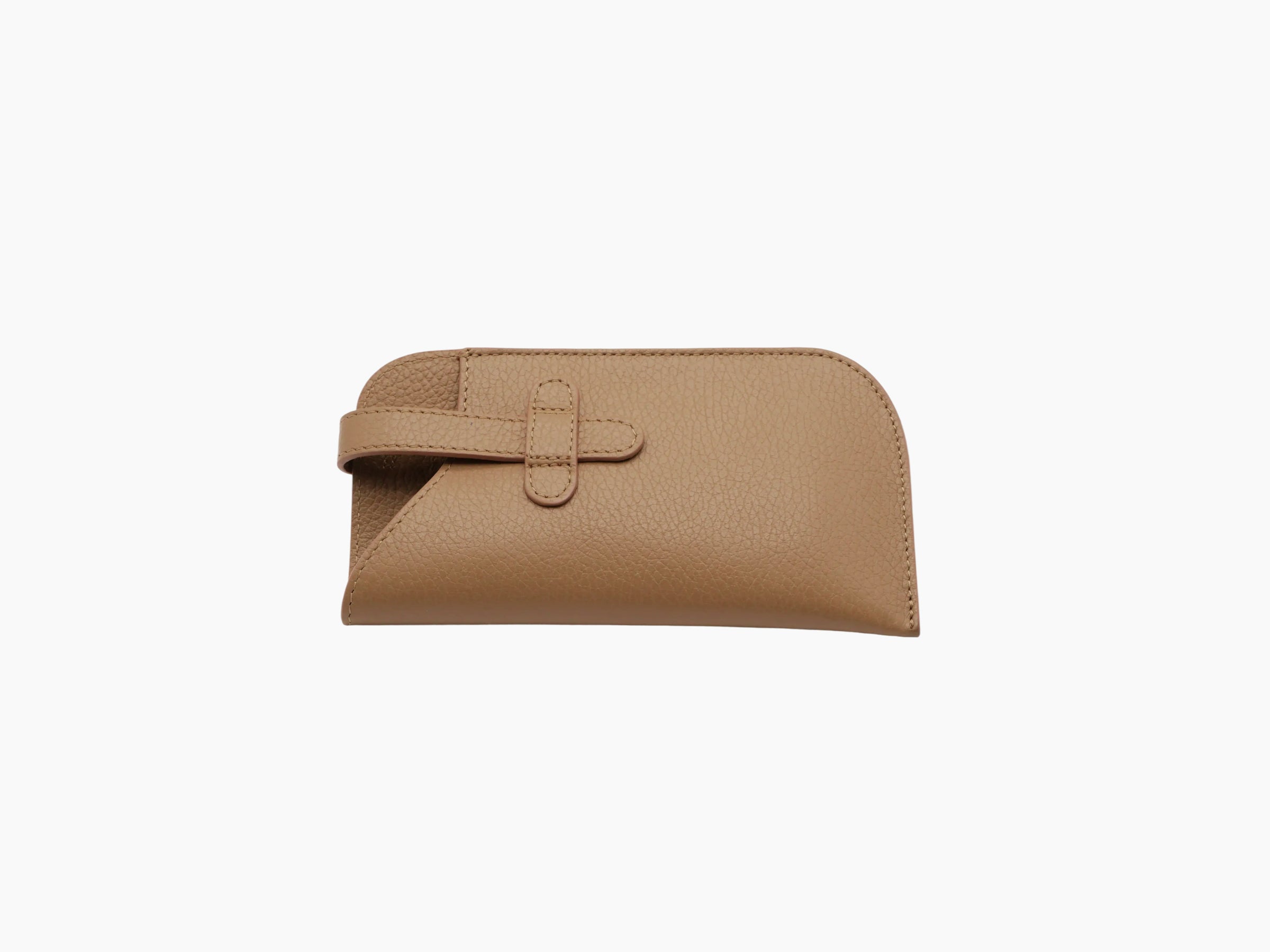 Buffalo Cognac brown textured leather glasses case with a front strap and loop closure.