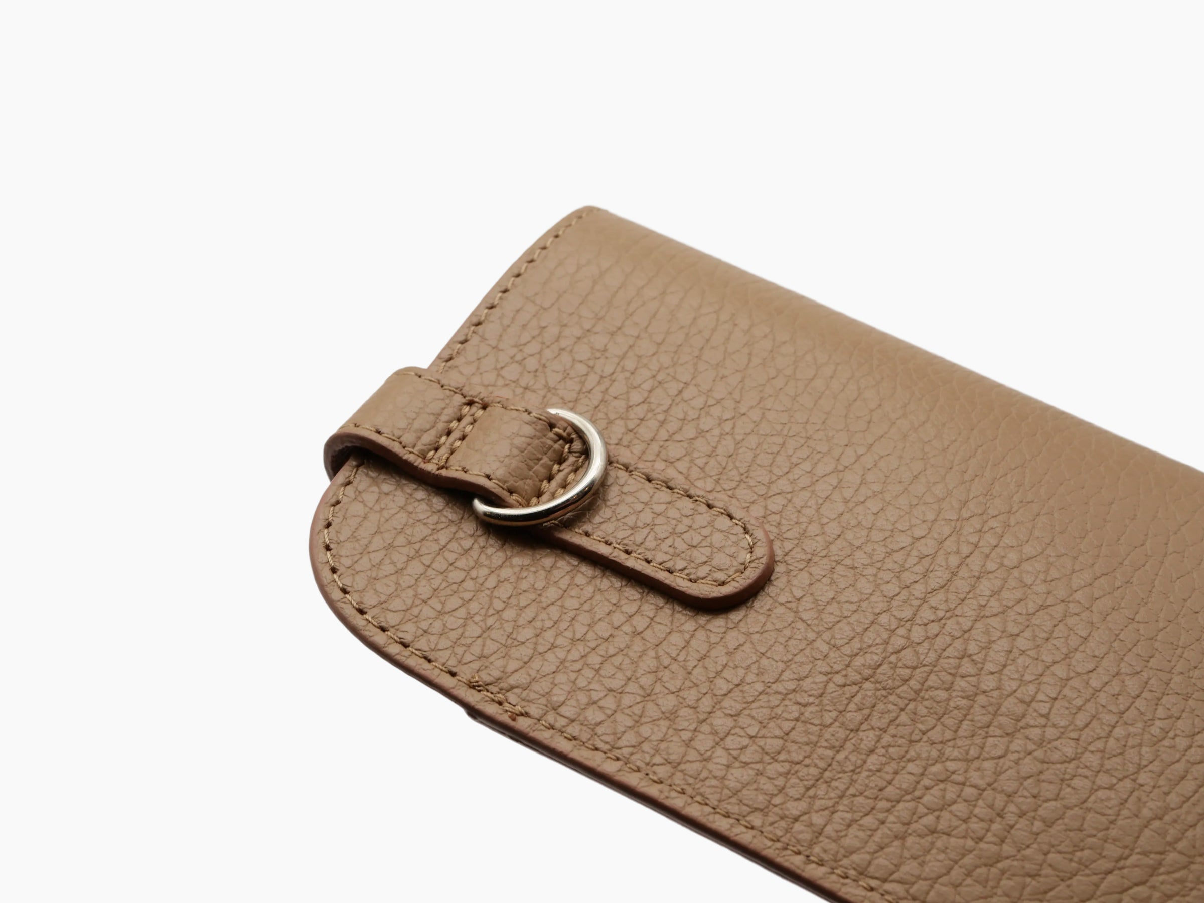 Glasses case in buffalo cognac leather with pebbled texture and metal ring detail