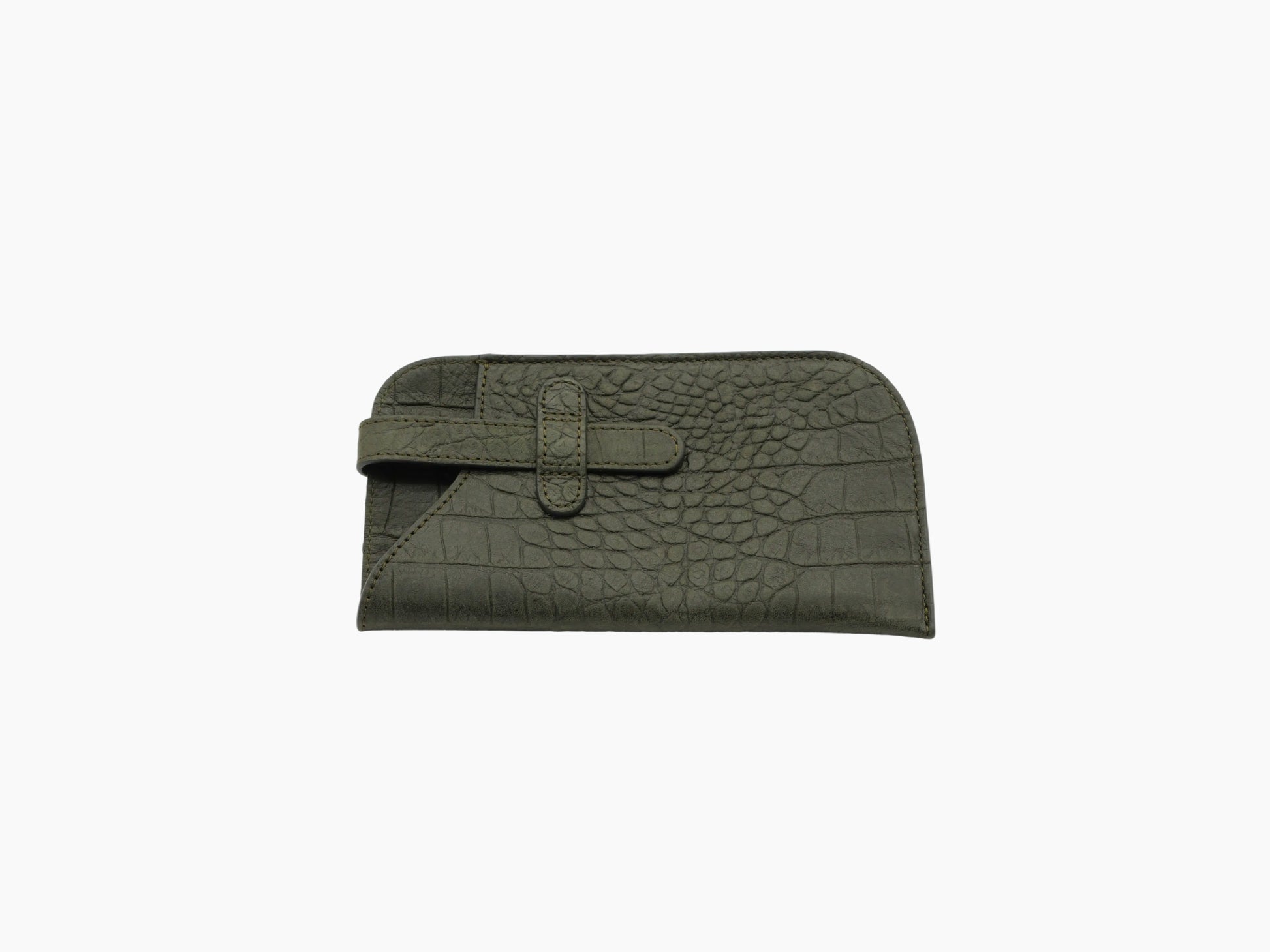 Khaki alligator-embossed glasses case with a strap detail.