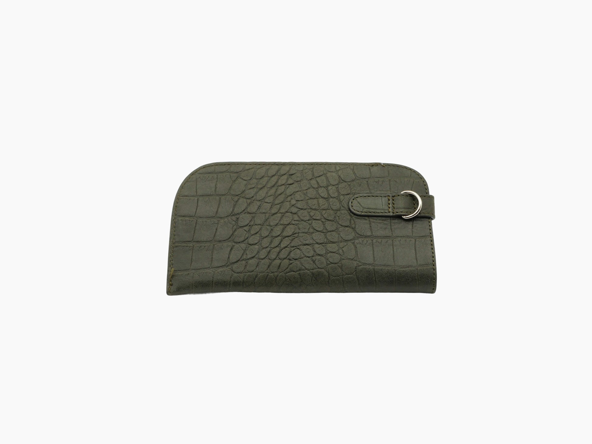 Rectangular olive green crocodile-embossed glasses case with a side strap and ring.