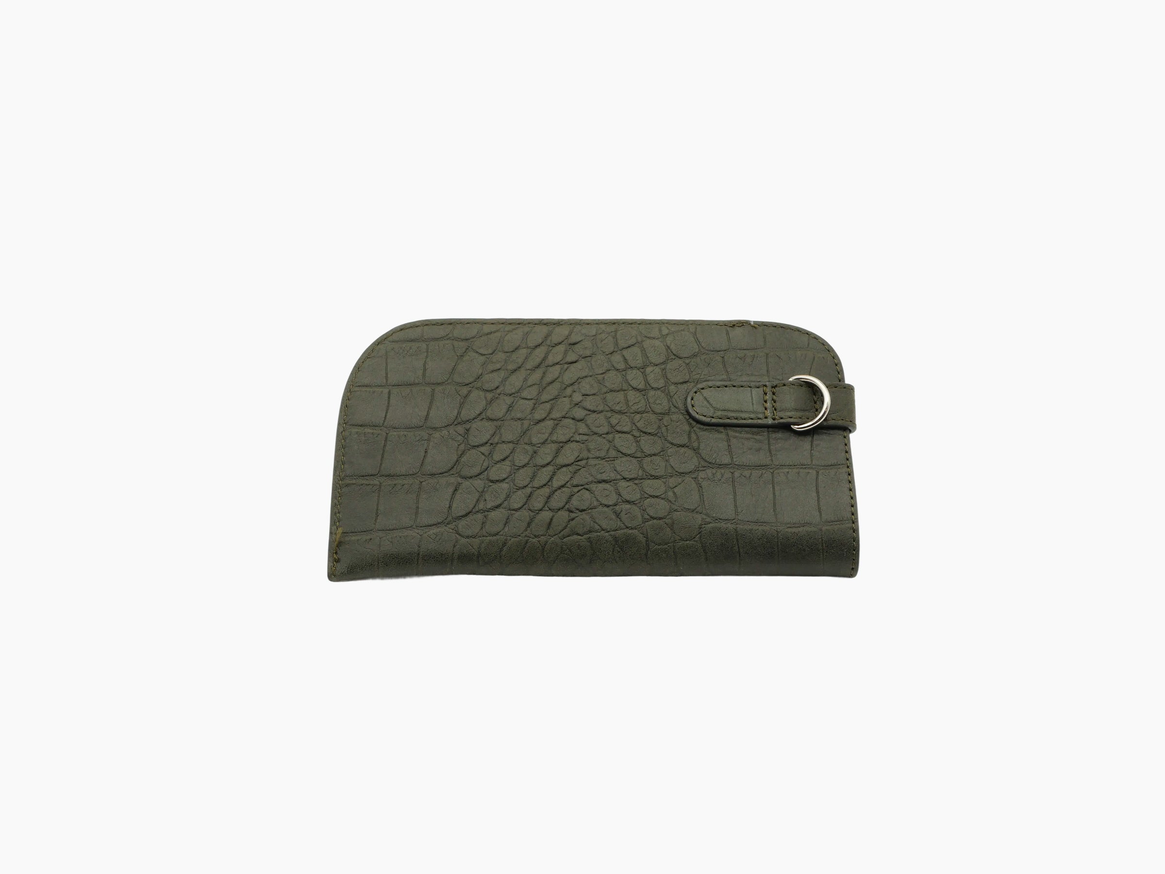 Rectangular olive green crocodile-embossed glasses case with a side strap and ring.