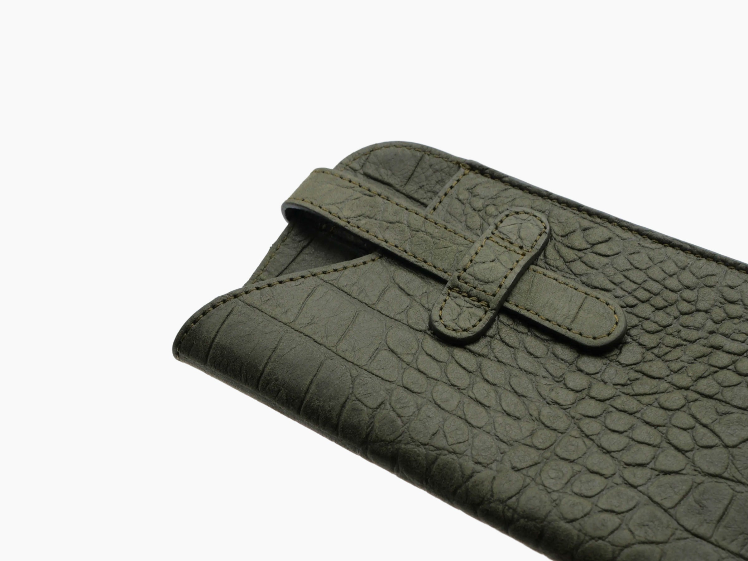 Olive green crocodile-embossed glasses case with a strap across the front and a metal ring.