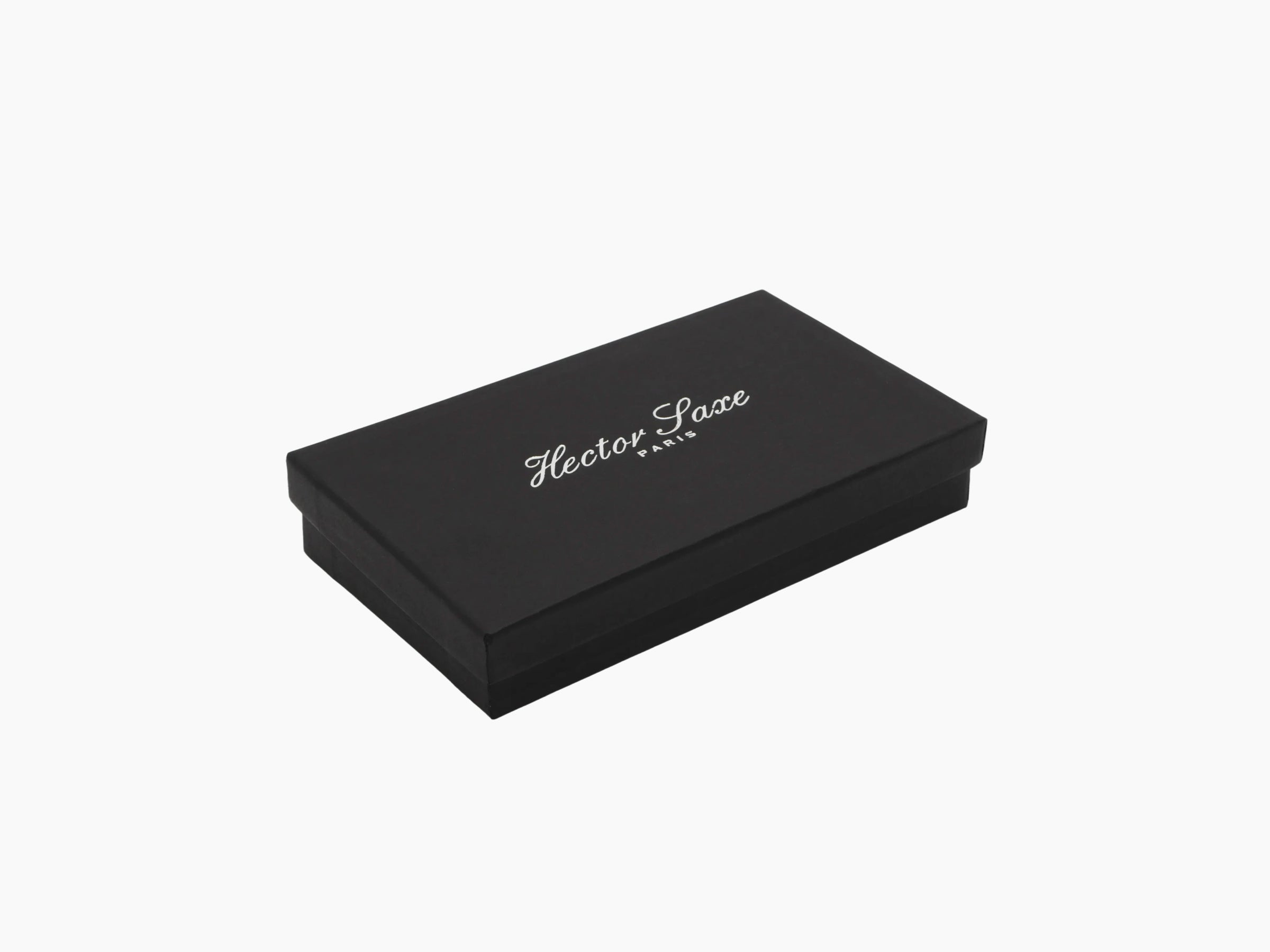 Black rectangular glasses case with a white Hector Saxe Paris logo on the lid.