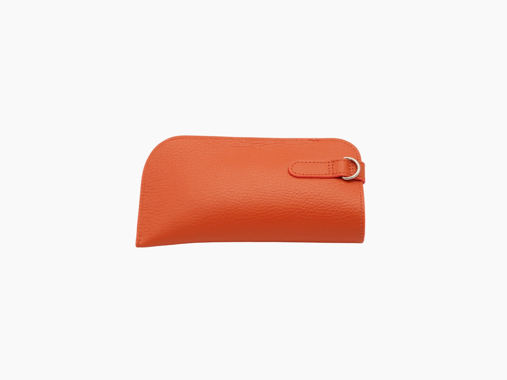 Buffalo orange leather glasses case with a small strap and silver ring detail