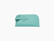 Buffalo Blue Beetle glasses case in teal pebbled leather with a front strap and rounded edges.
