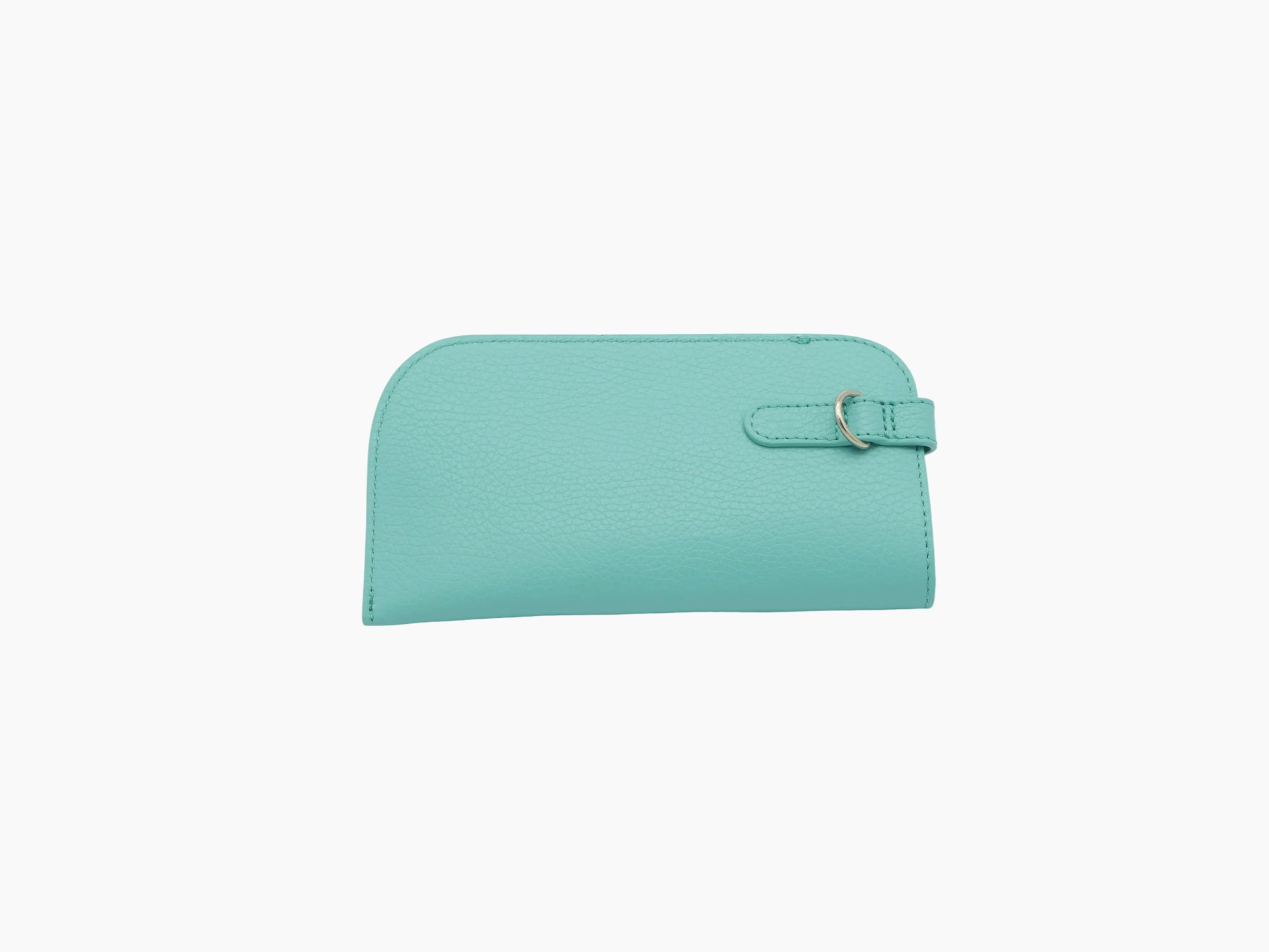 Buffalo Blue Beetle leather glasses case with a strap and metal ring.