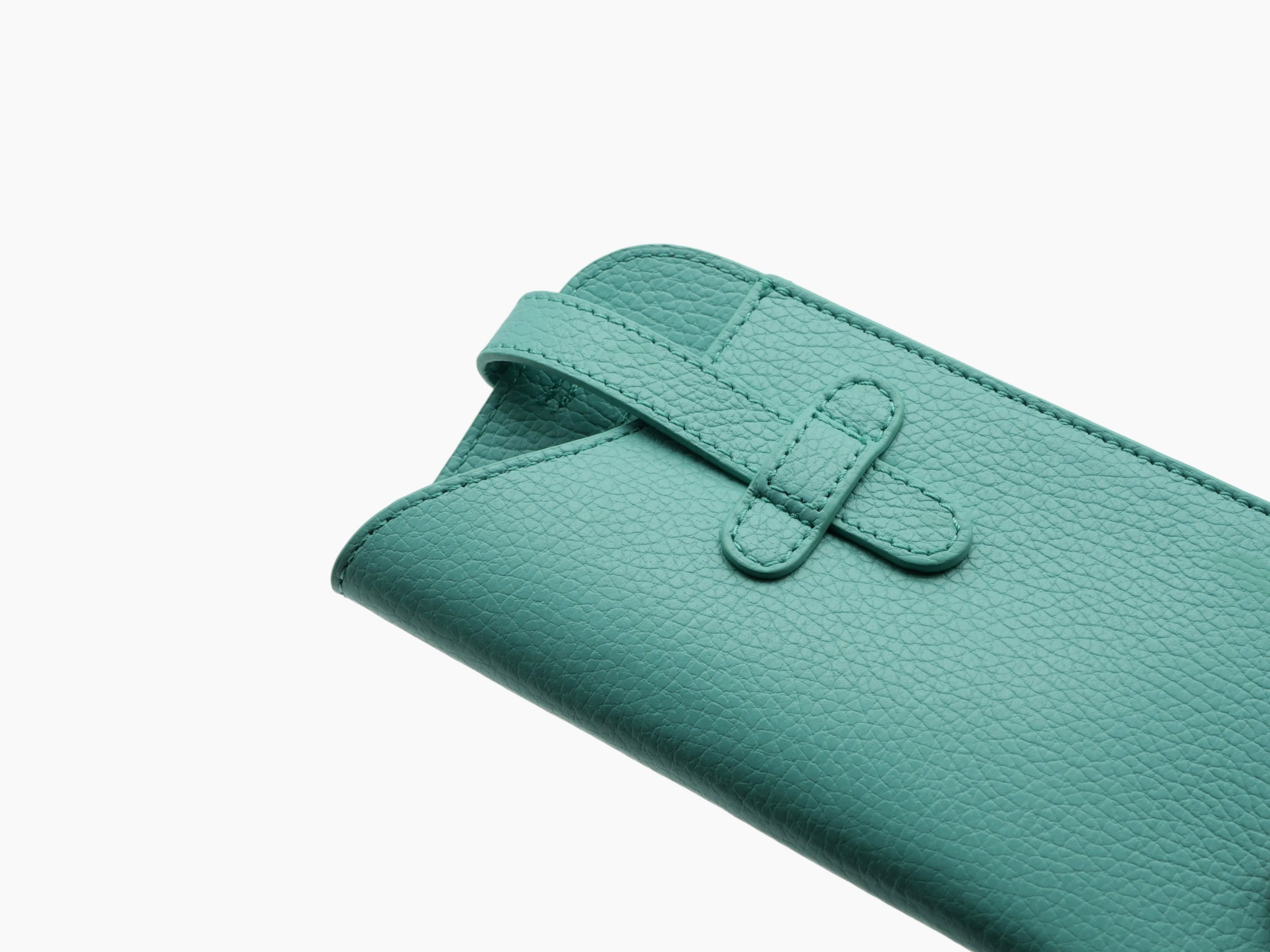 Top corner close-up of the Buffalo Blue Beetle glasses case showing the strap detail.