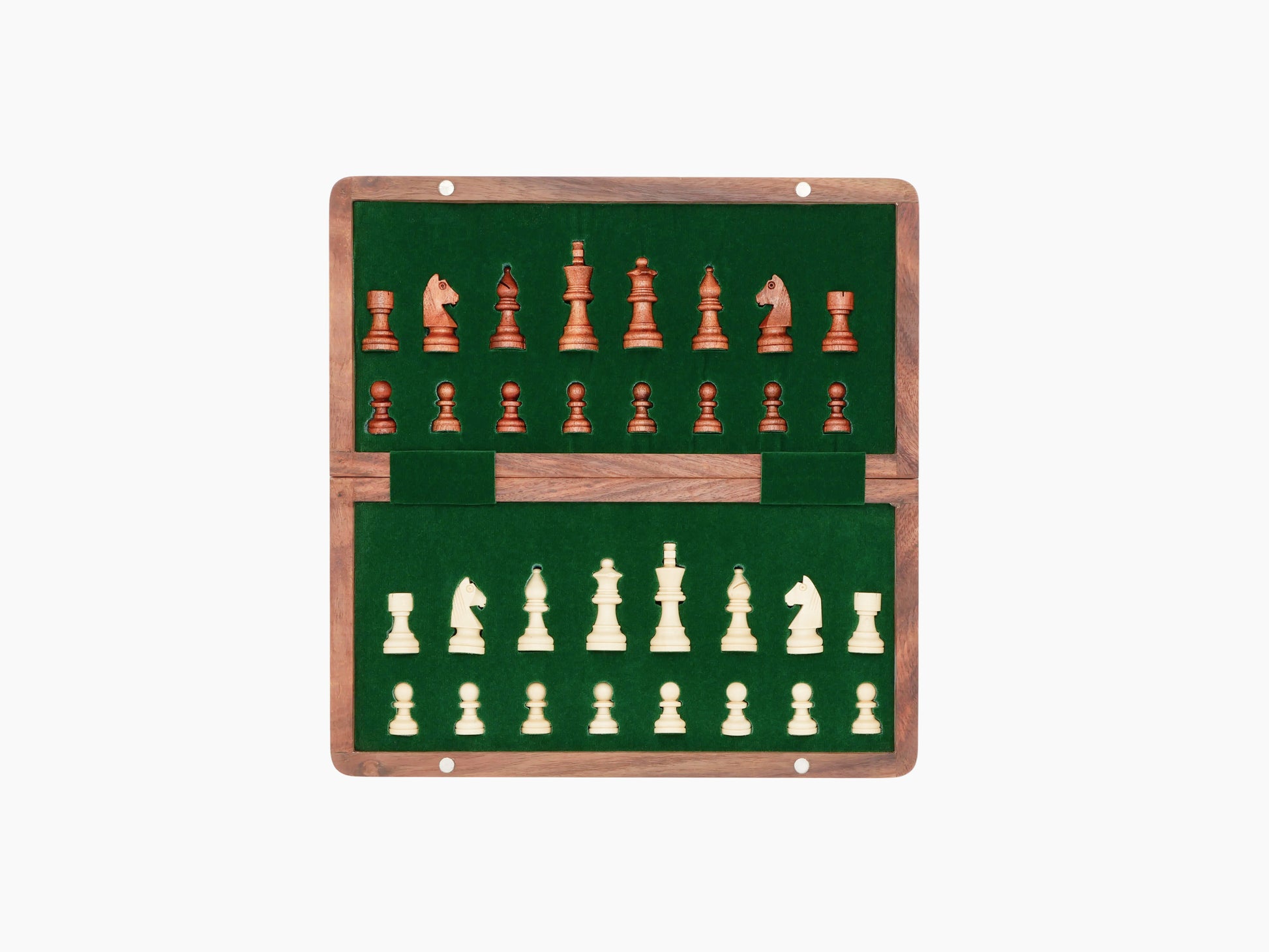Two tier wooden magnetic chess box open to reveal brown and light Staunton pieces on green felt