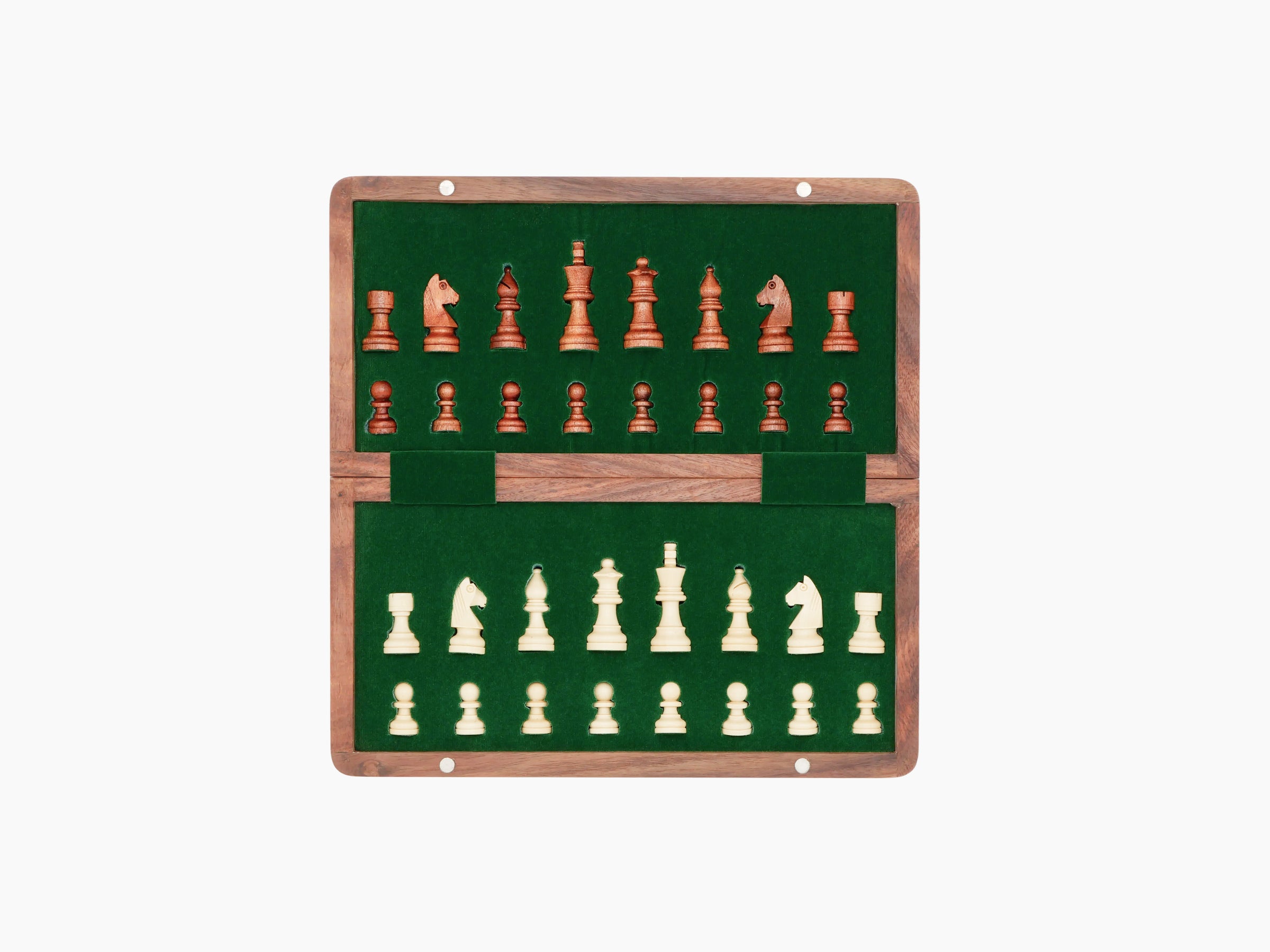 Two tier wooden magnetic chess box open to reveal brown and light Staunton pieces on green felt