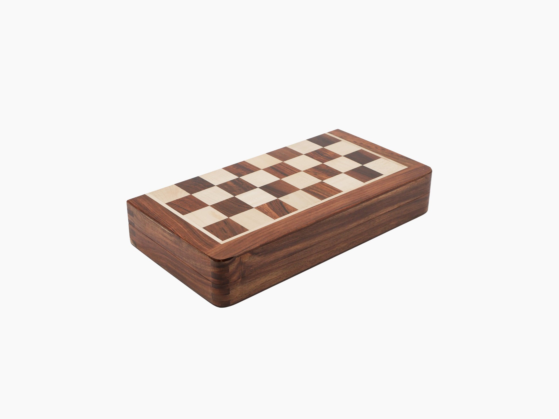 Compact wooden chess box with an inlaid two tone chessboard lid