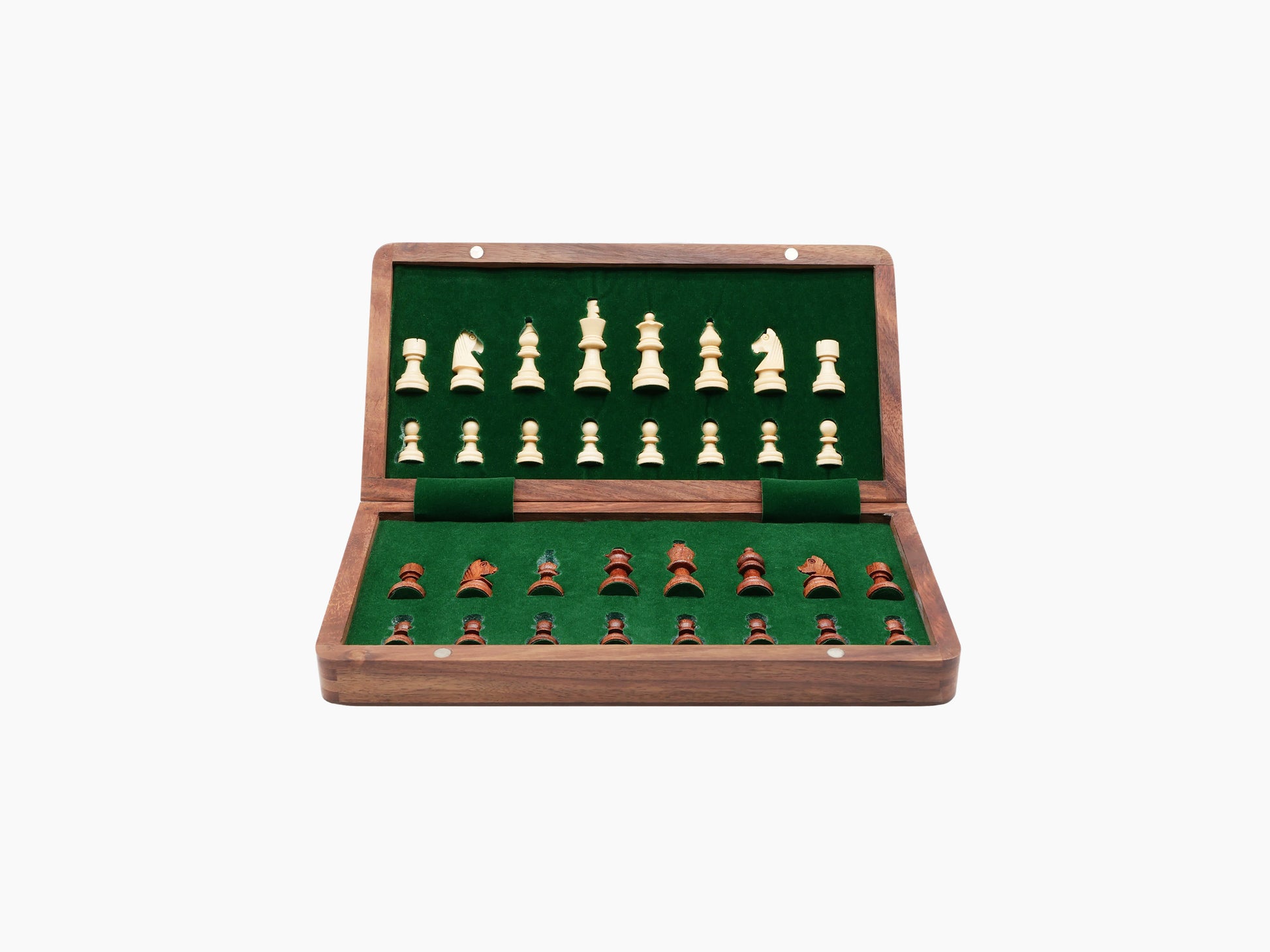 Open foldable wooden chess box with green felt interior and both dark and light pieces arranged for play