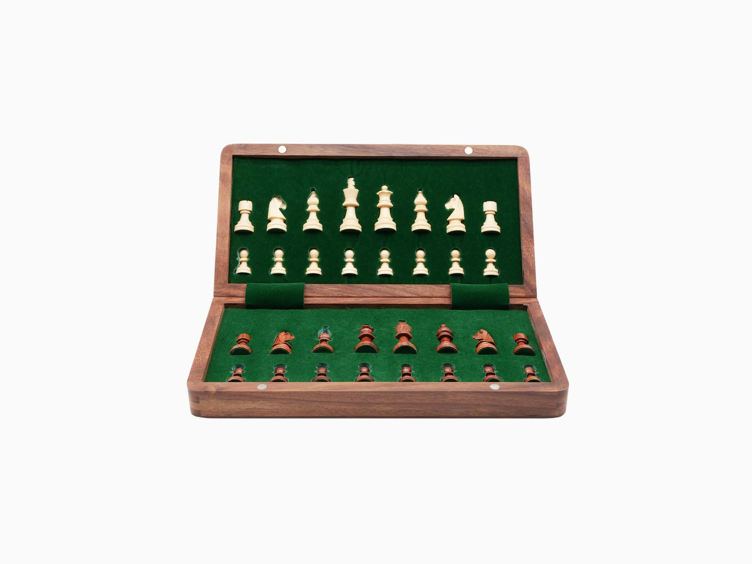 Open foldable wooden chess box with green felt interior and both dark and light pieces arranged for play