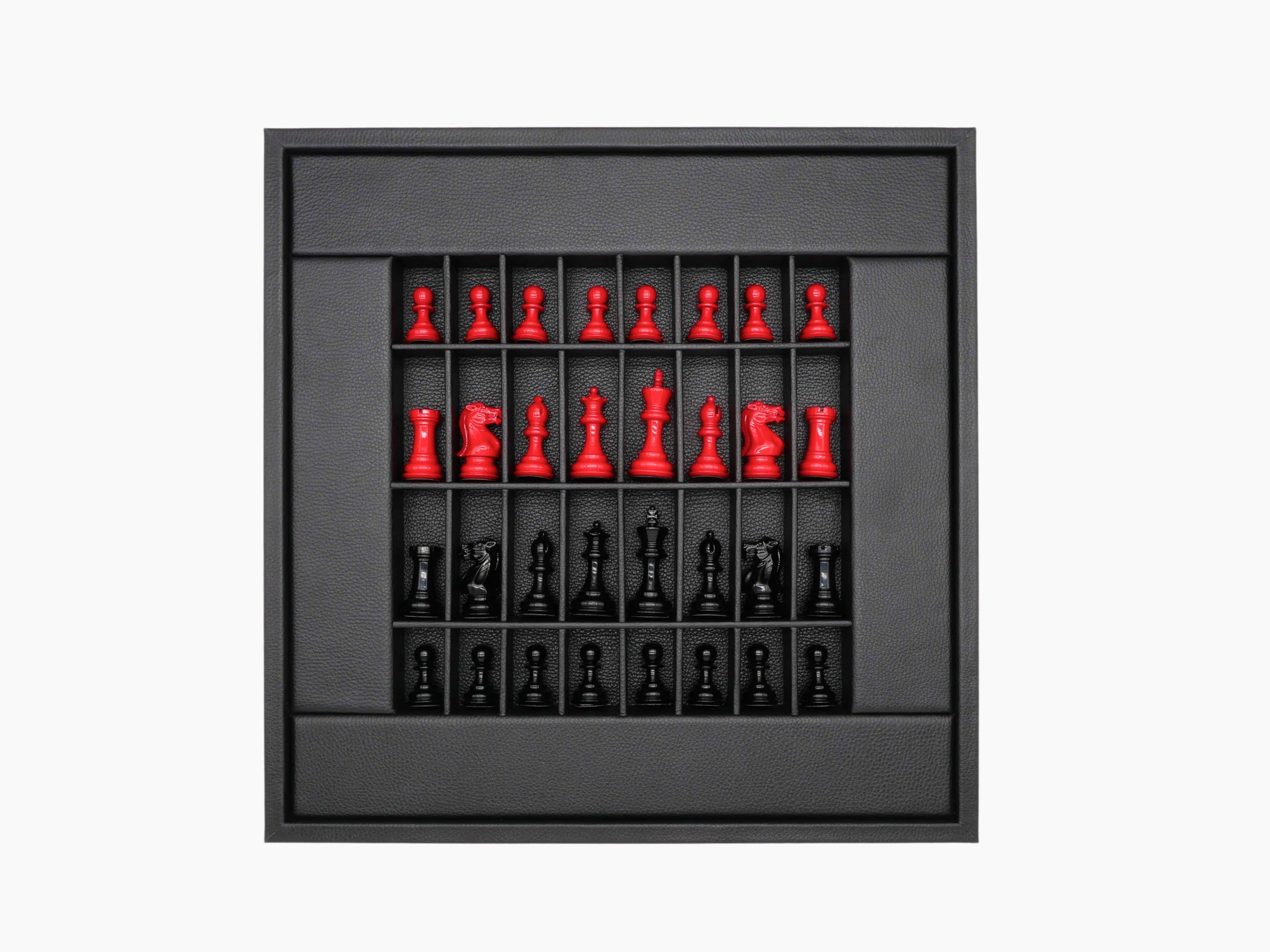 Interior view of Buffalo Red Black 45cm chess set with red and black pieces neatly arranged in a leather lined grid