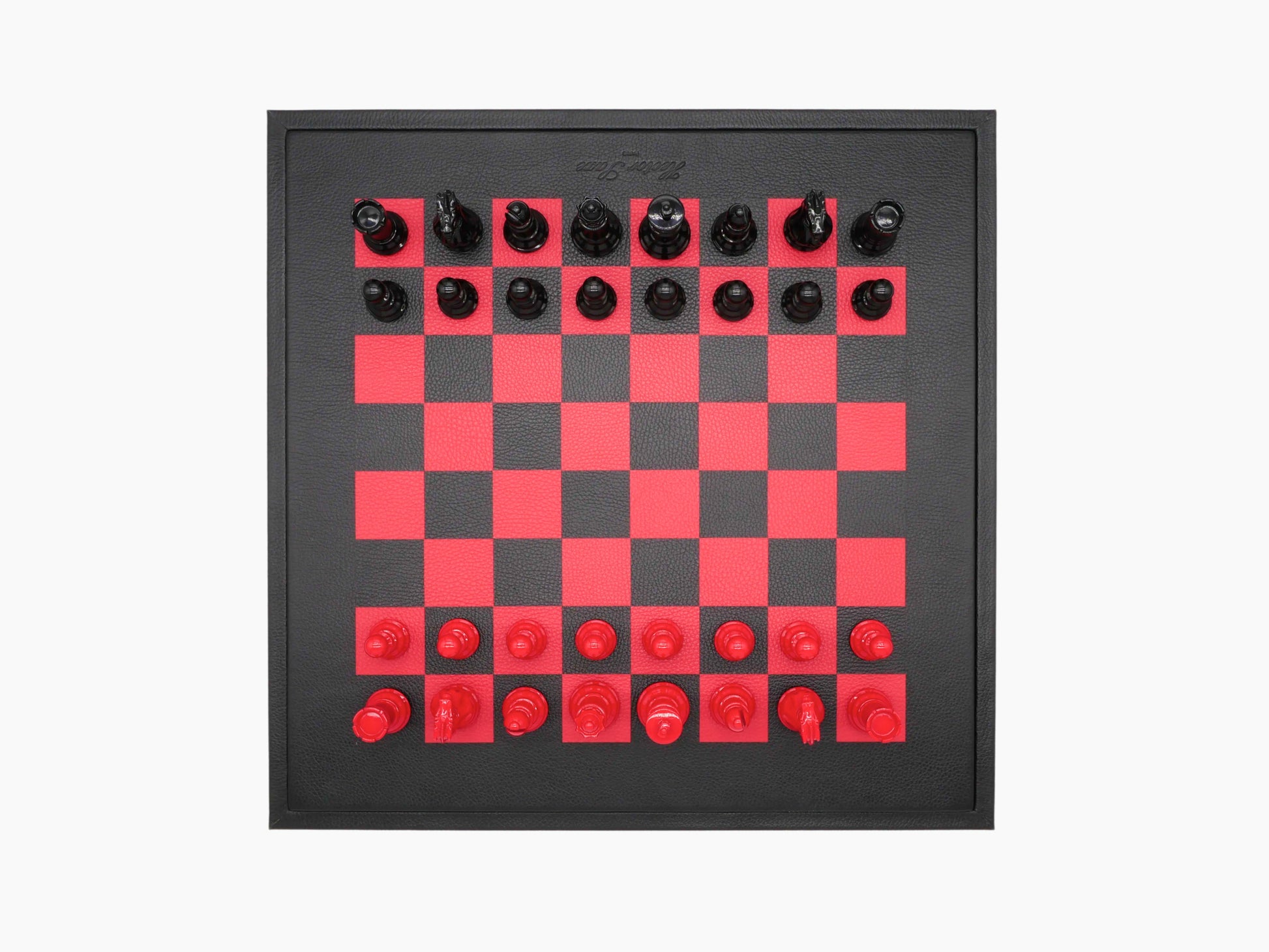 Top view of the buffalo red black chessboard showing a red and black checker pattern with pieces arranged along the edges