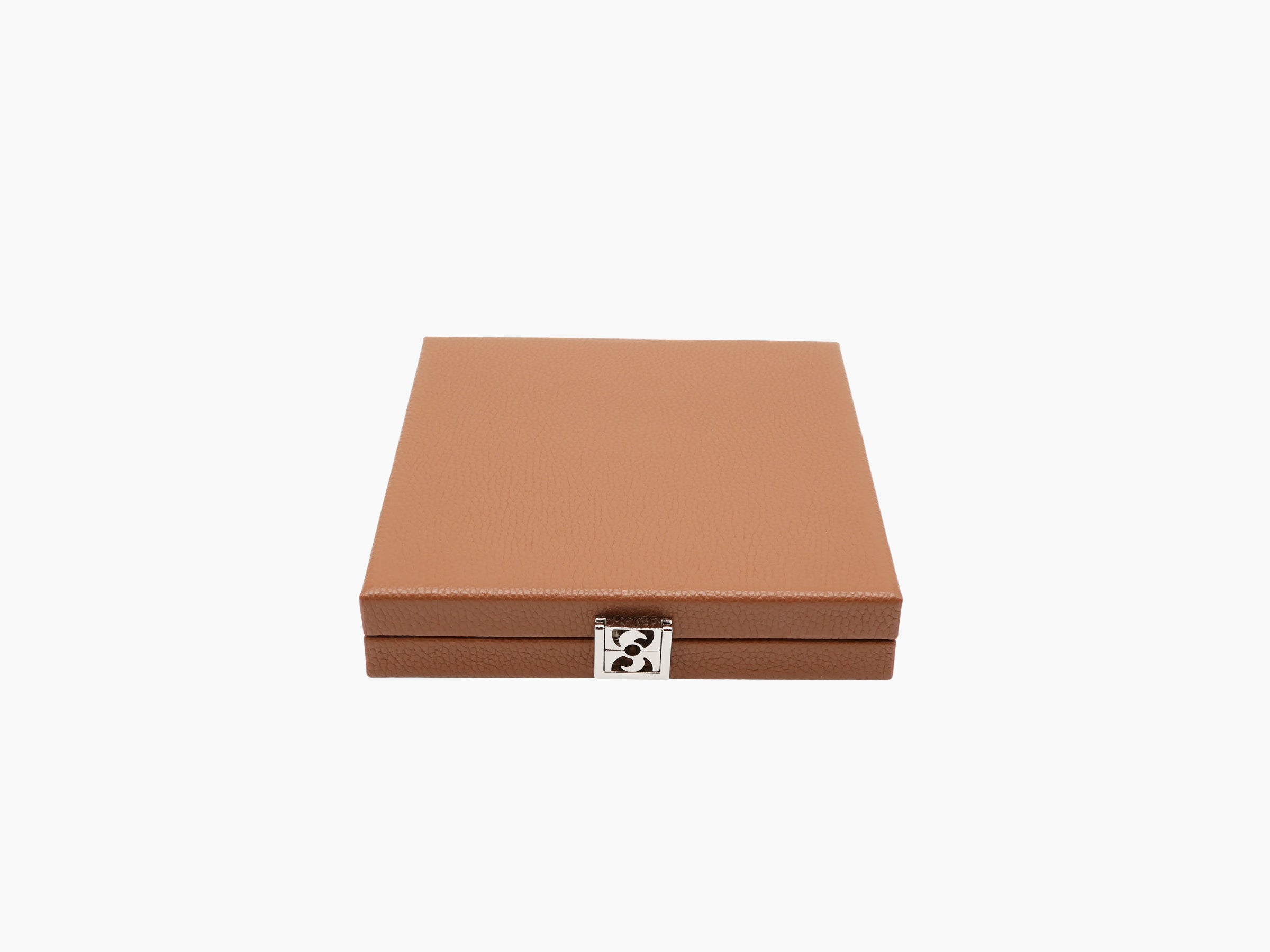 Closed brown buffalo leather box with a silver metal clasp.
