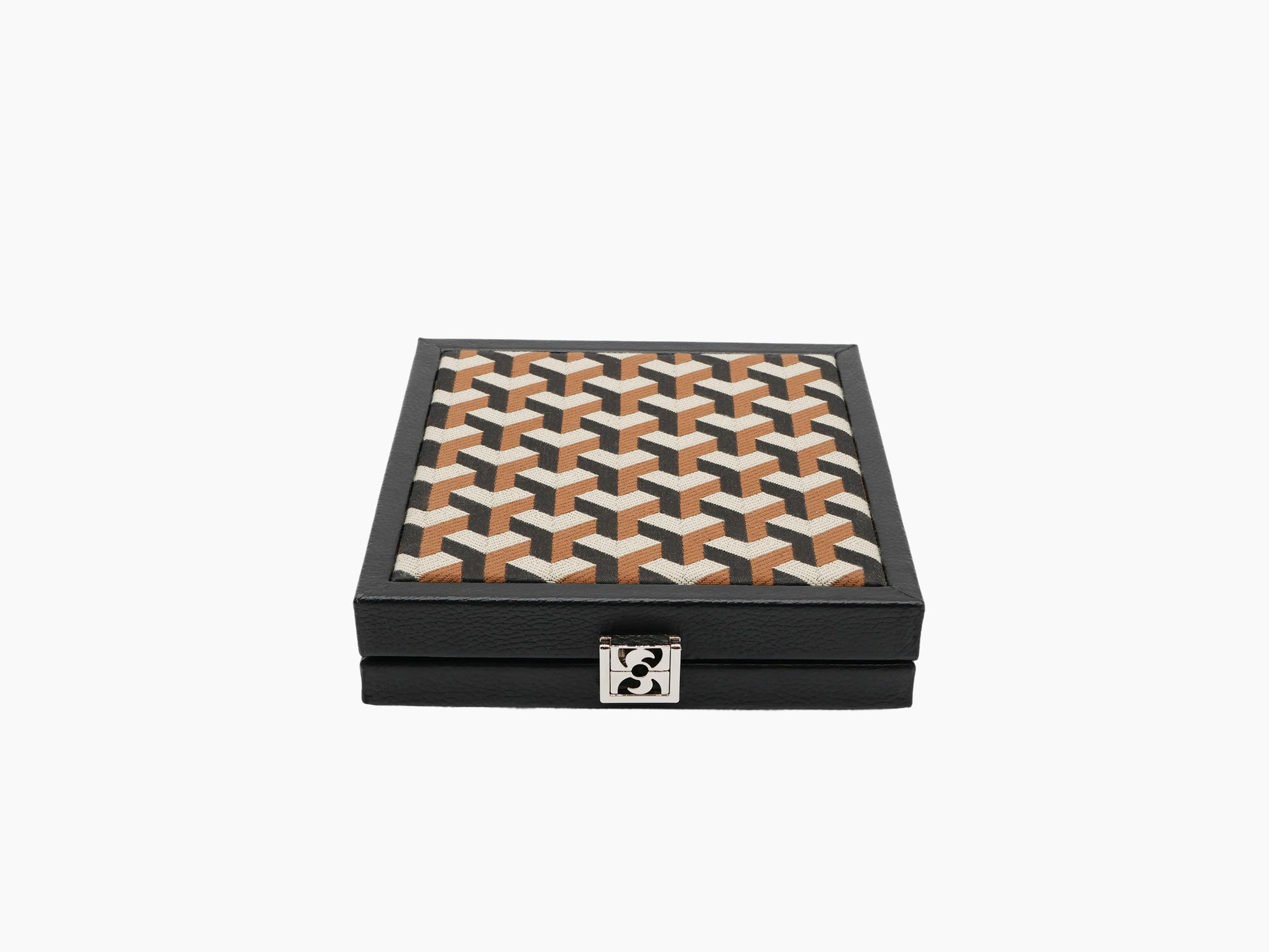 Closed black leather domino box with geometric brown and cream textile lid