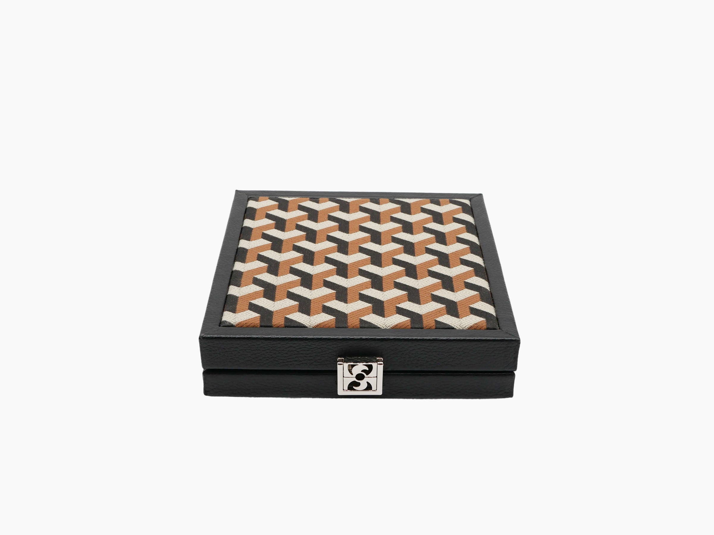 Closed black leather domino box with geometric brown and cream textile lid
