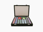 Open crocodile-embossed leather poker set in a black case with 240 clay chips, two decks, and a dealer button.