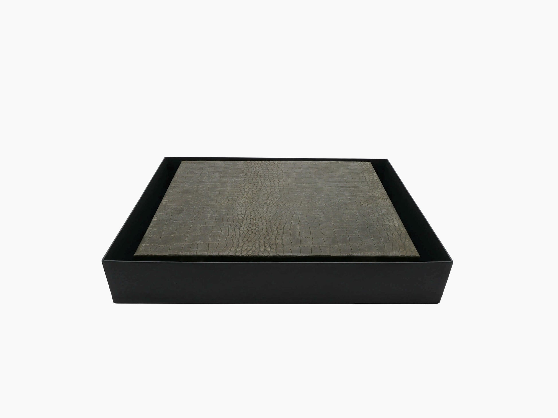 Grey alligator-embossed leather poker set case lid in a black presentation box.