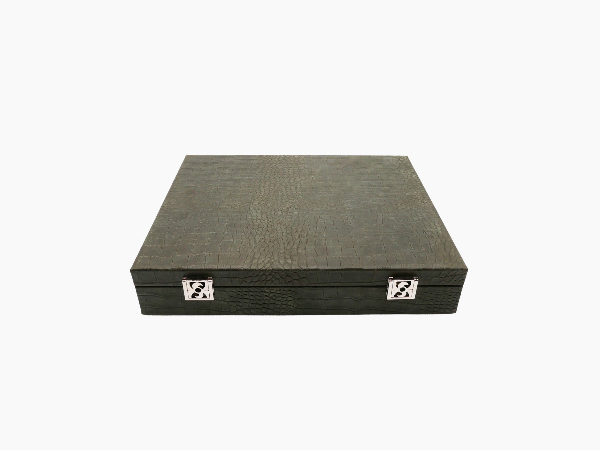 Closed crocodile-embossed leather poker case in khaki green with metal latches.