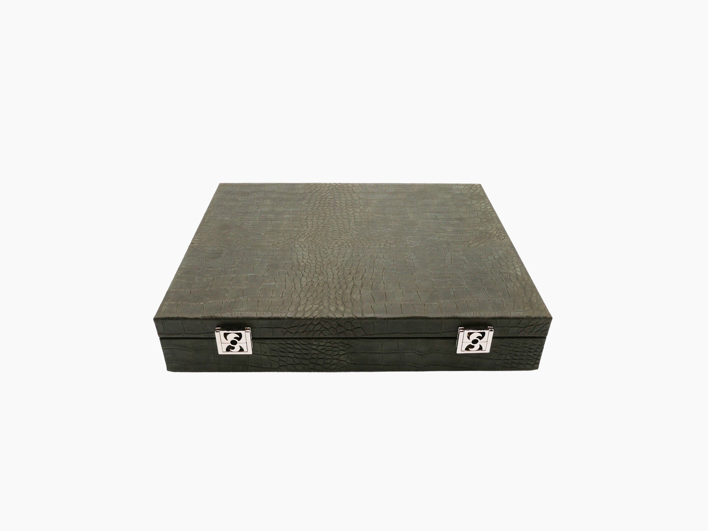 Closed crocodile-embossed leather poker case in khaki green with metal latches.