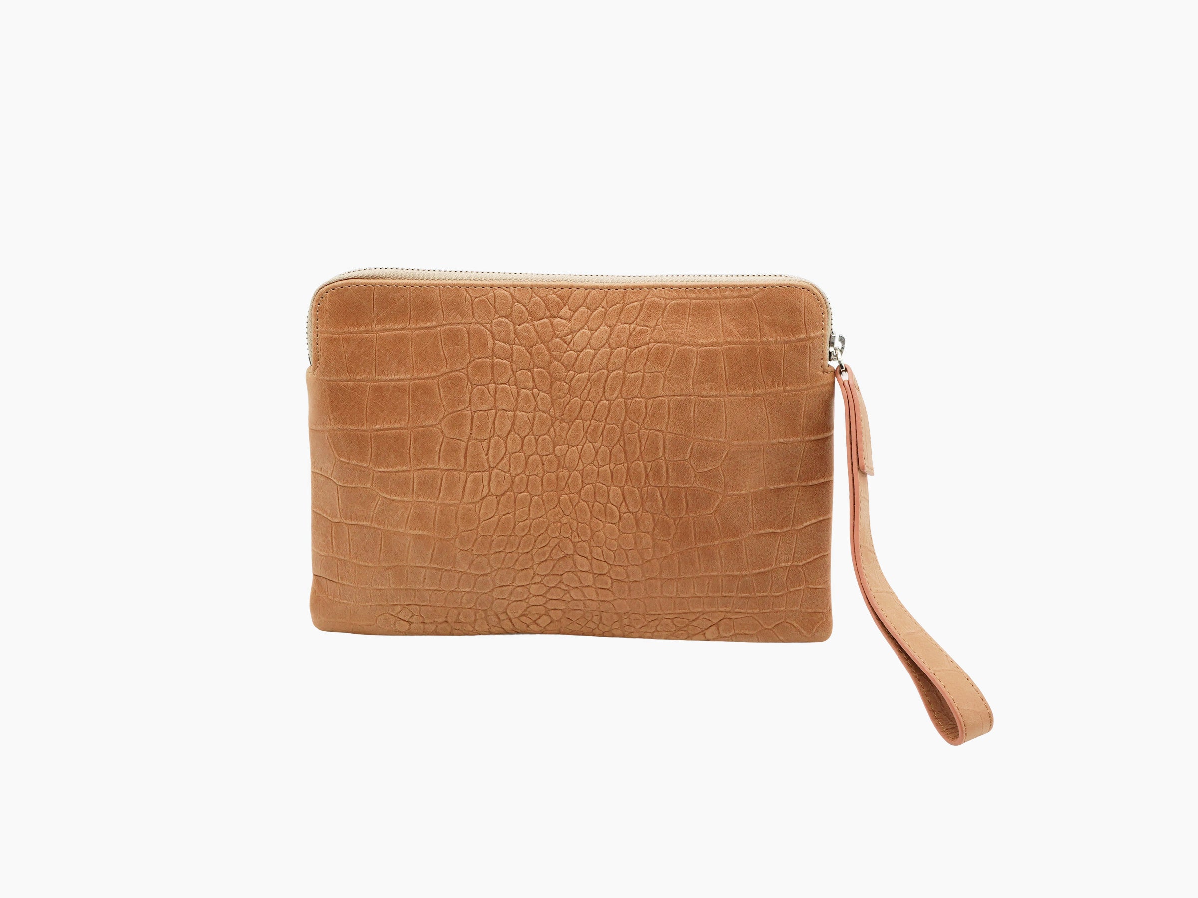 Alligator Amber lifestyle pouch in crocodile-embossed tan leather with top zipper and wrist strap