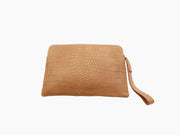 Amber crocodile-embossed leather lifestyle pouch with zipper and wrist strap.