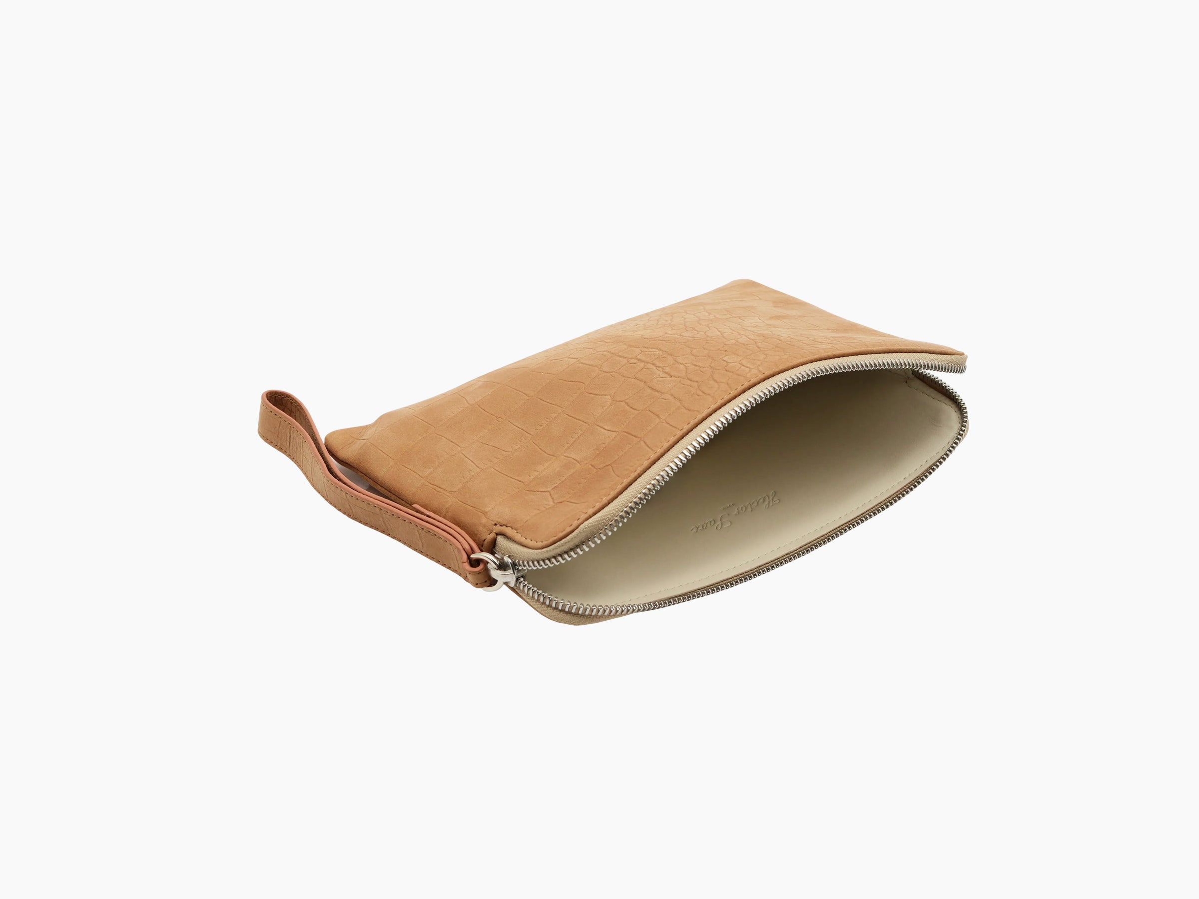 Alligator-embossed tan leather lifestyle pouch with wrist strap and top zipper