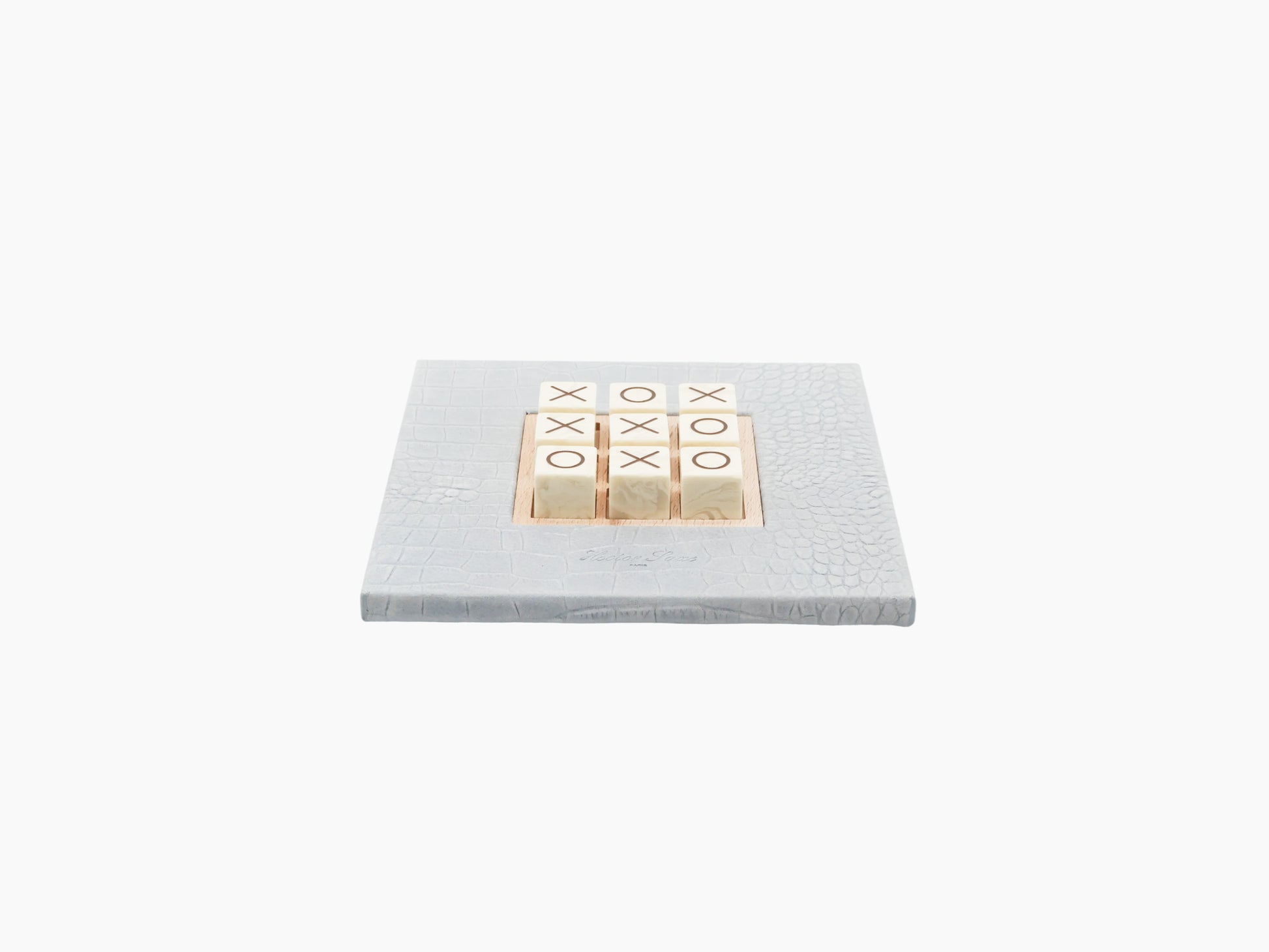 Alligator-embossed leather Tic Tac Toe set with olive wood base and marble X and O pieces