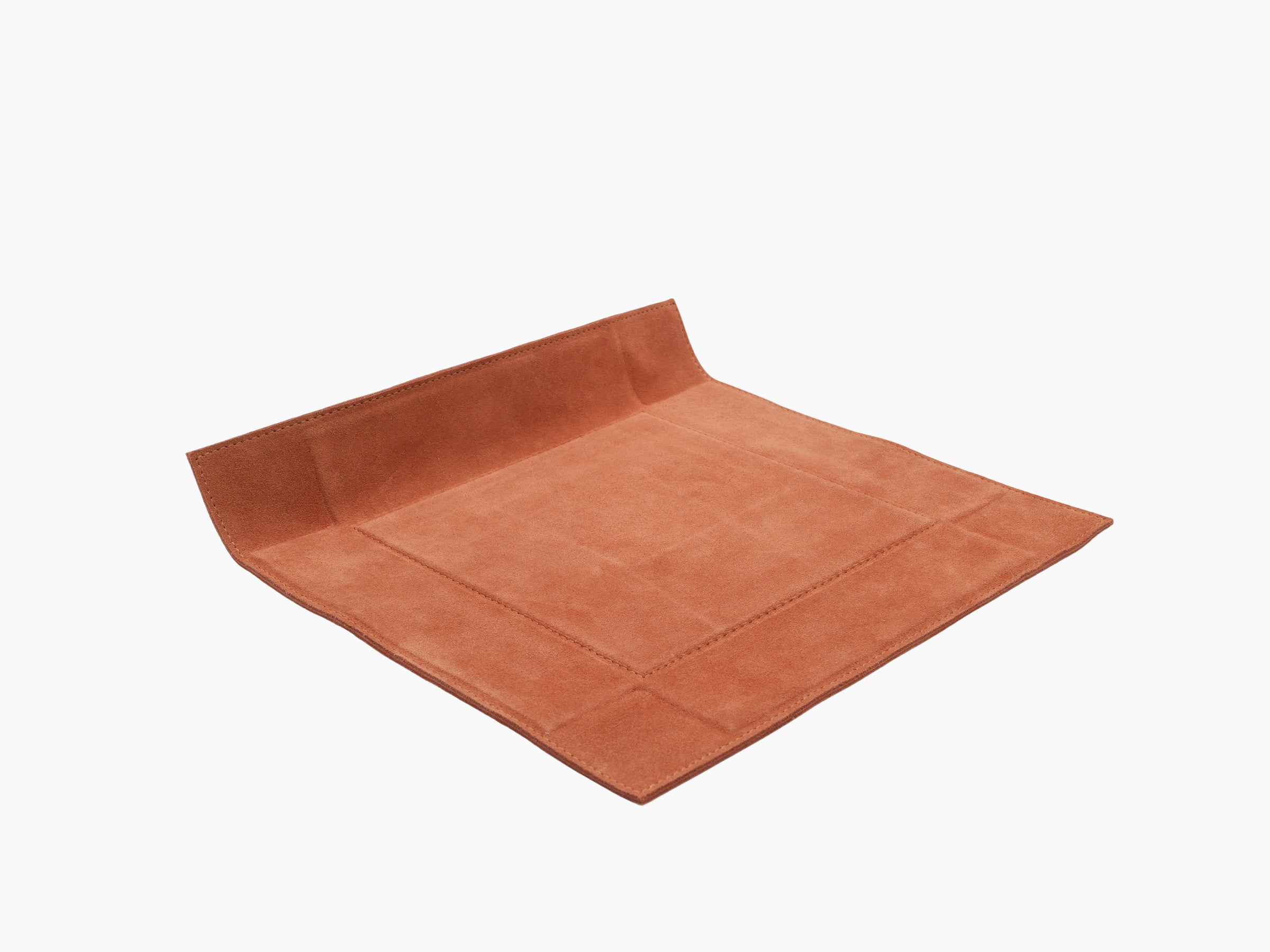 Jack Valet Tray Square large in warm caramel leather with stitched edges, angled view