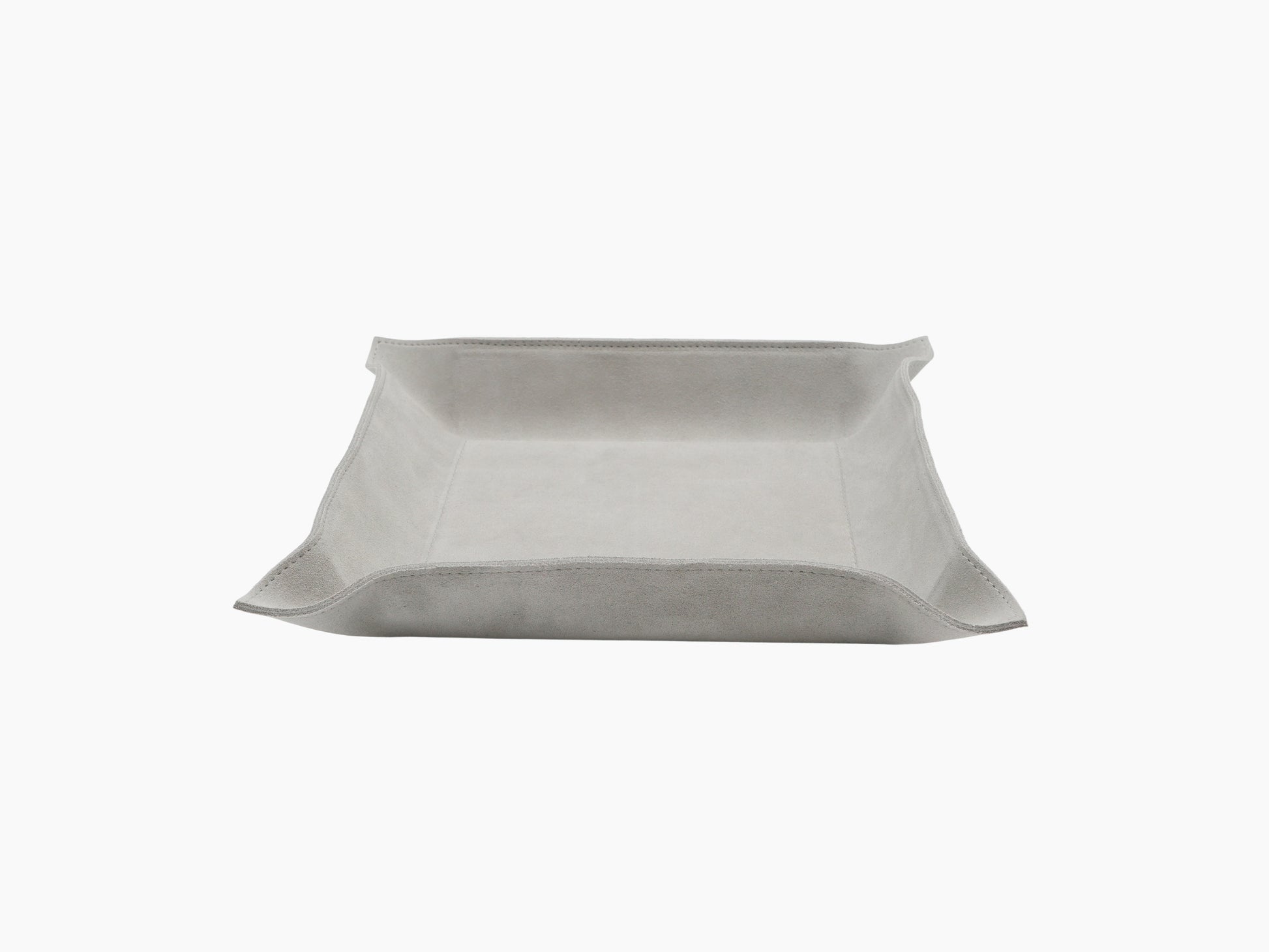 Gray leather interior of Jack Valet Tray Square large with stitched edges.