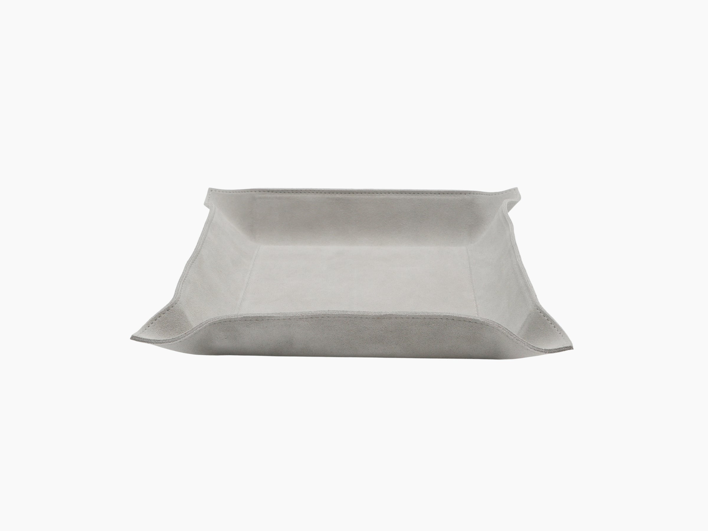 Gray leather interior of Jack Valet Tray Square large with stitched edges.