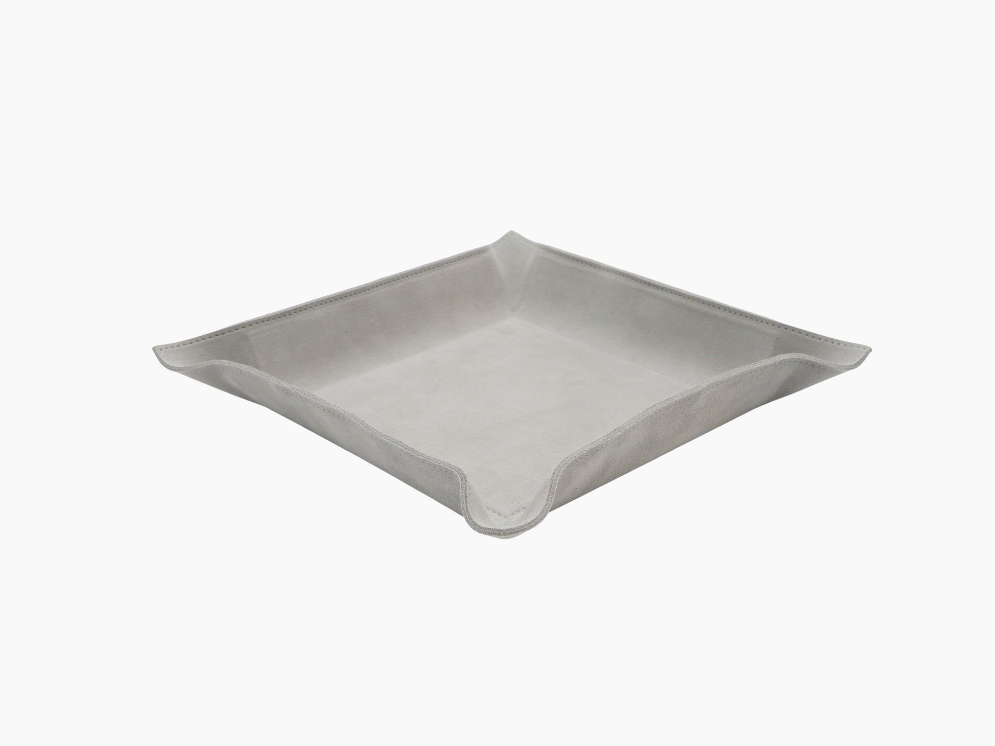 Light gray leather square valet tray with raised sides and clean stitching.