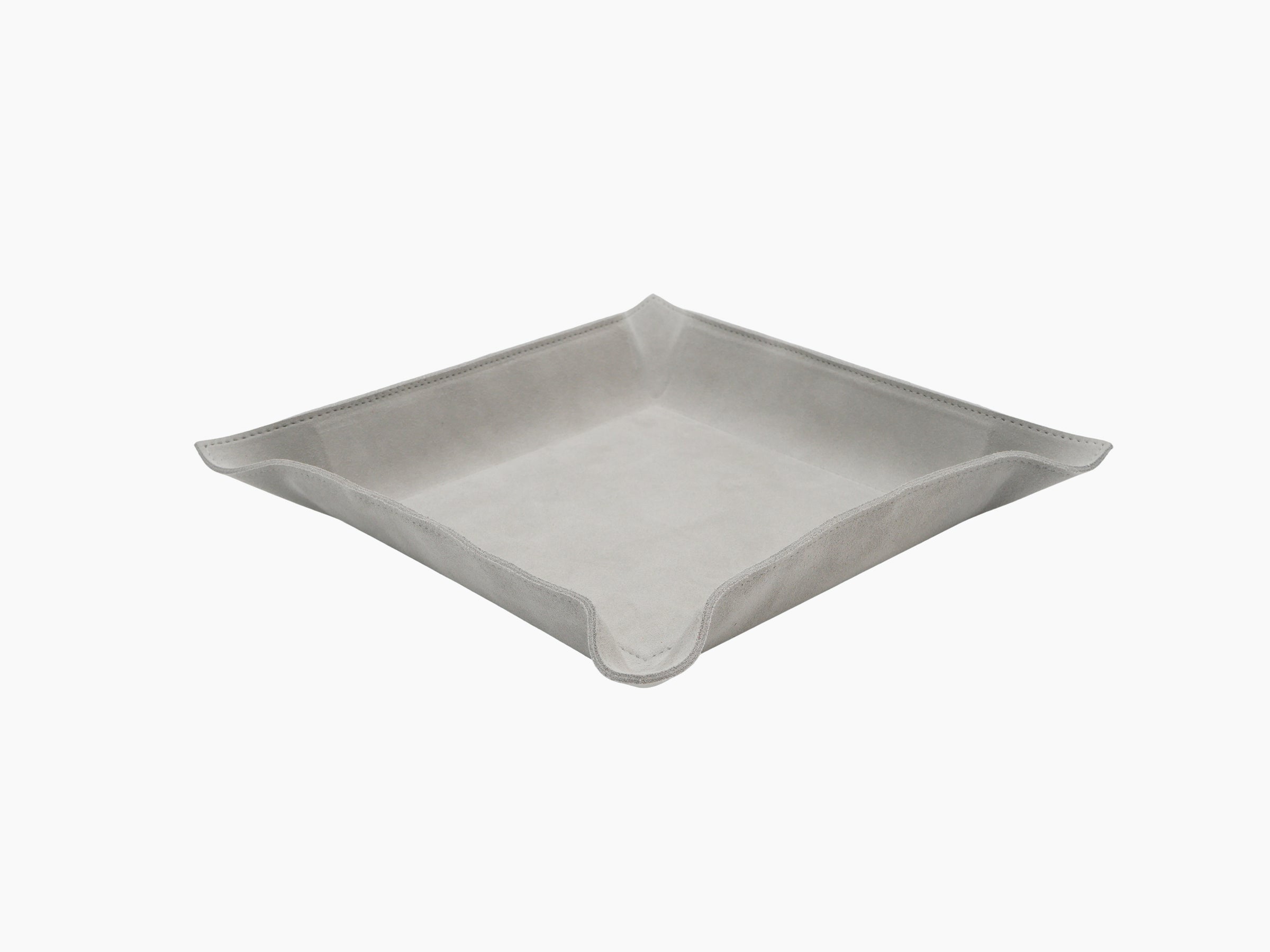 Light gray leather square valet tray with raised sides and clean stitching.