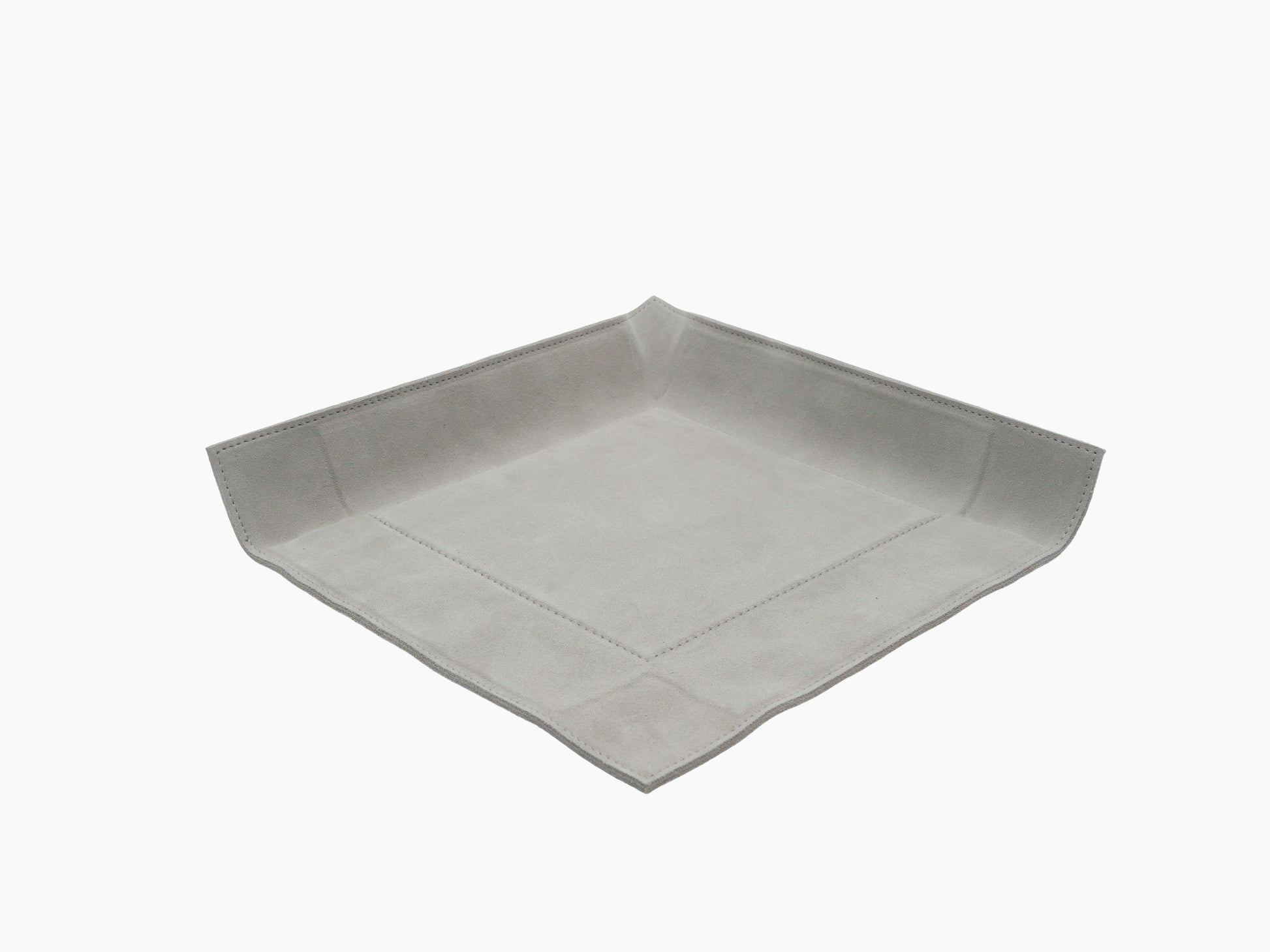Large square gray leather valet tray with stitched edges