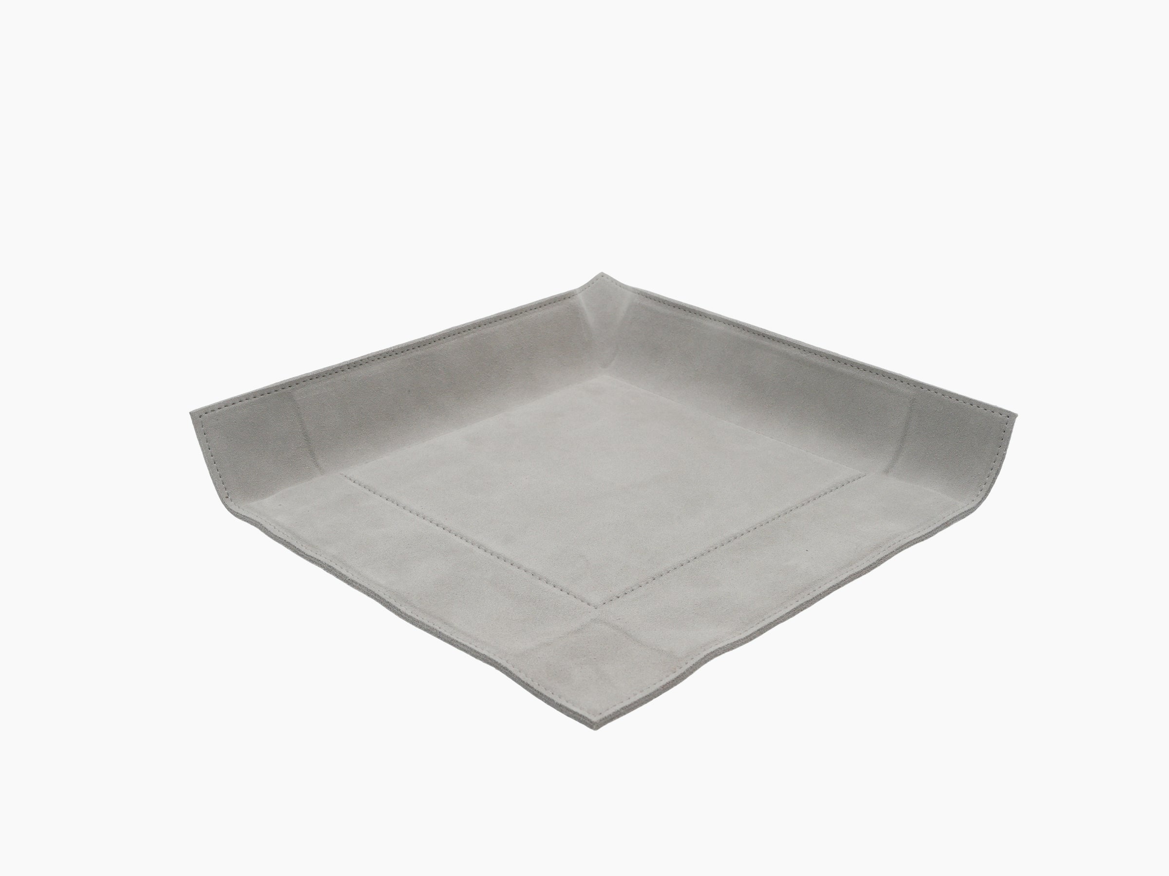 Large square gray leather valet tray with stitched edges