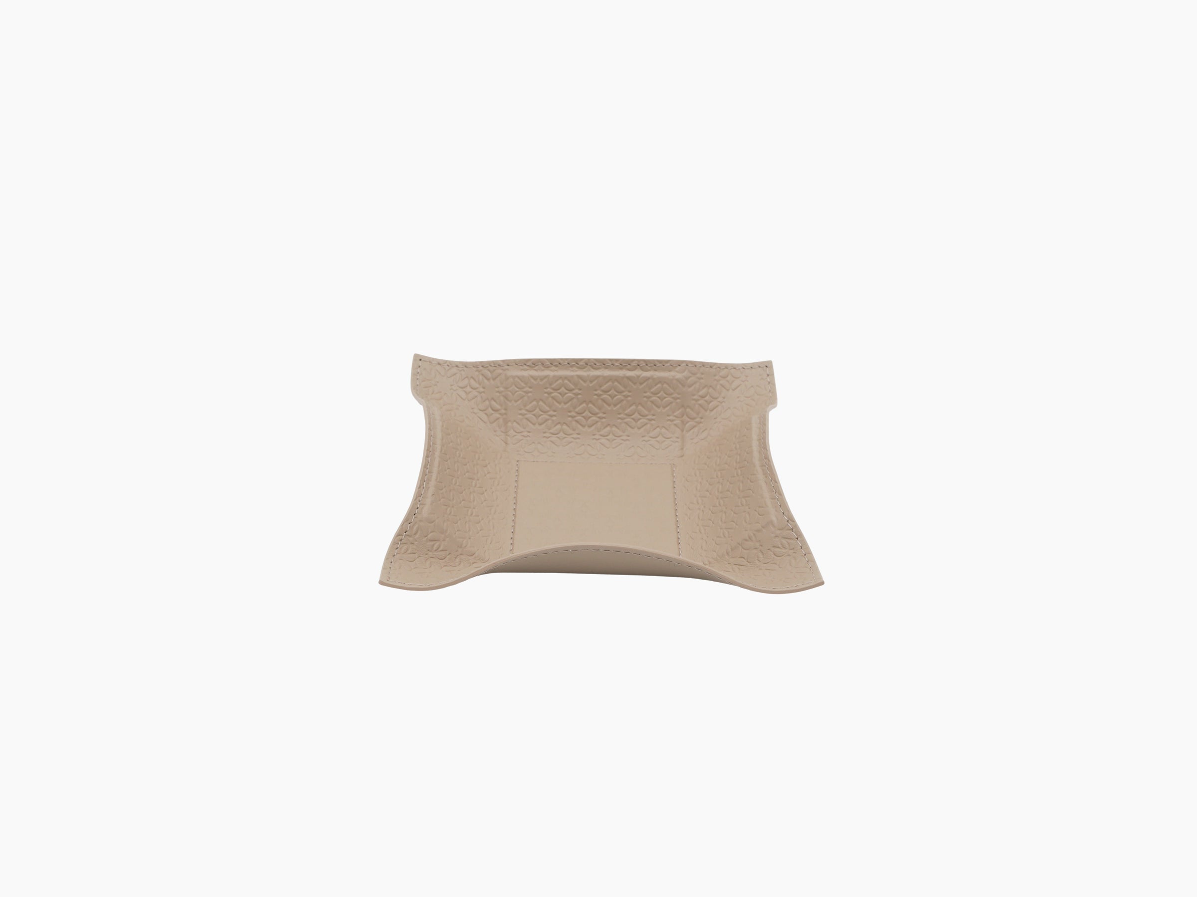 Beige embossed leather square valet tray laid flat with curved edges