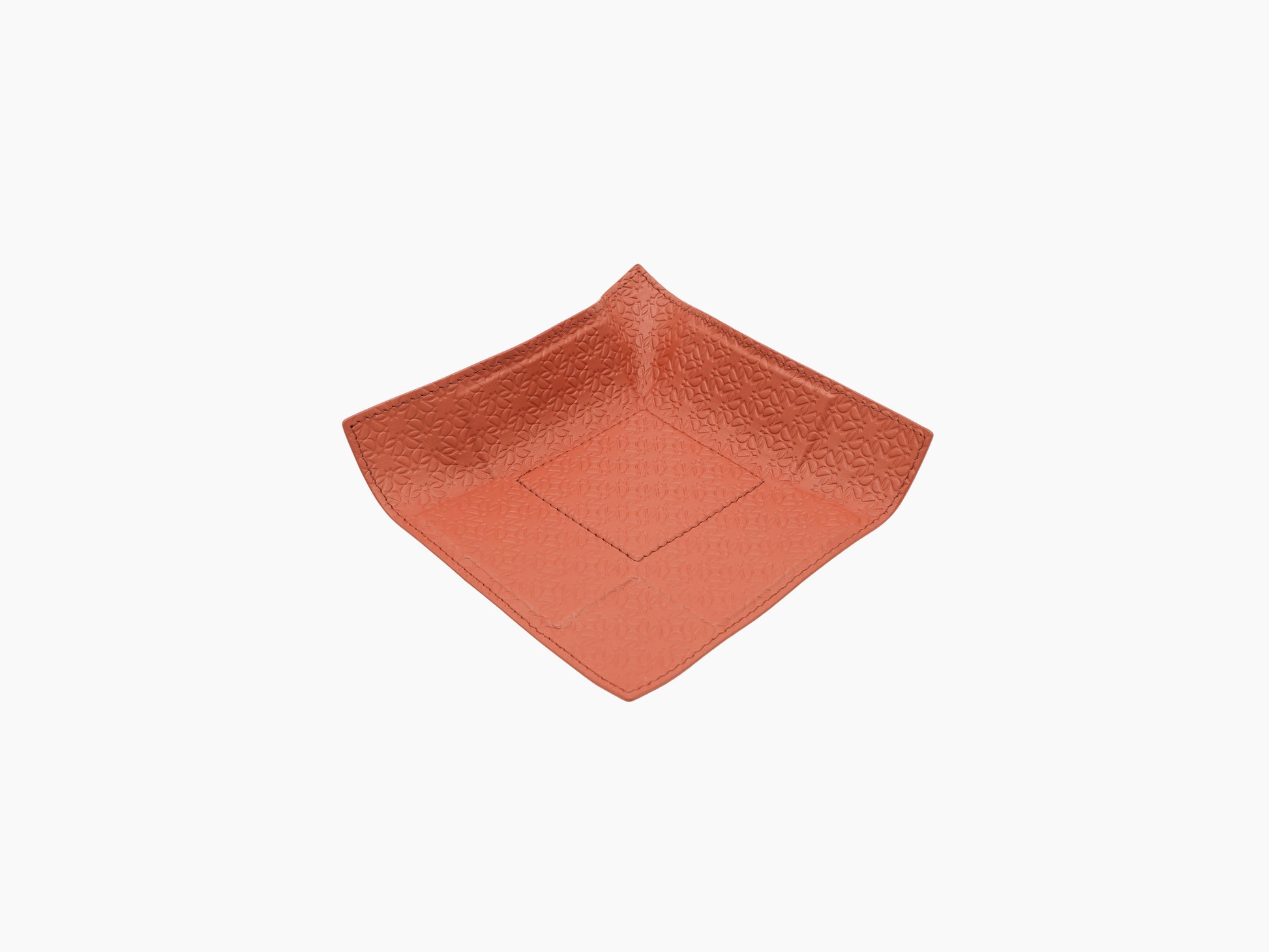 Coral leather Jack Valet Tray Square small with embossed pattern and central stitched diamond panel