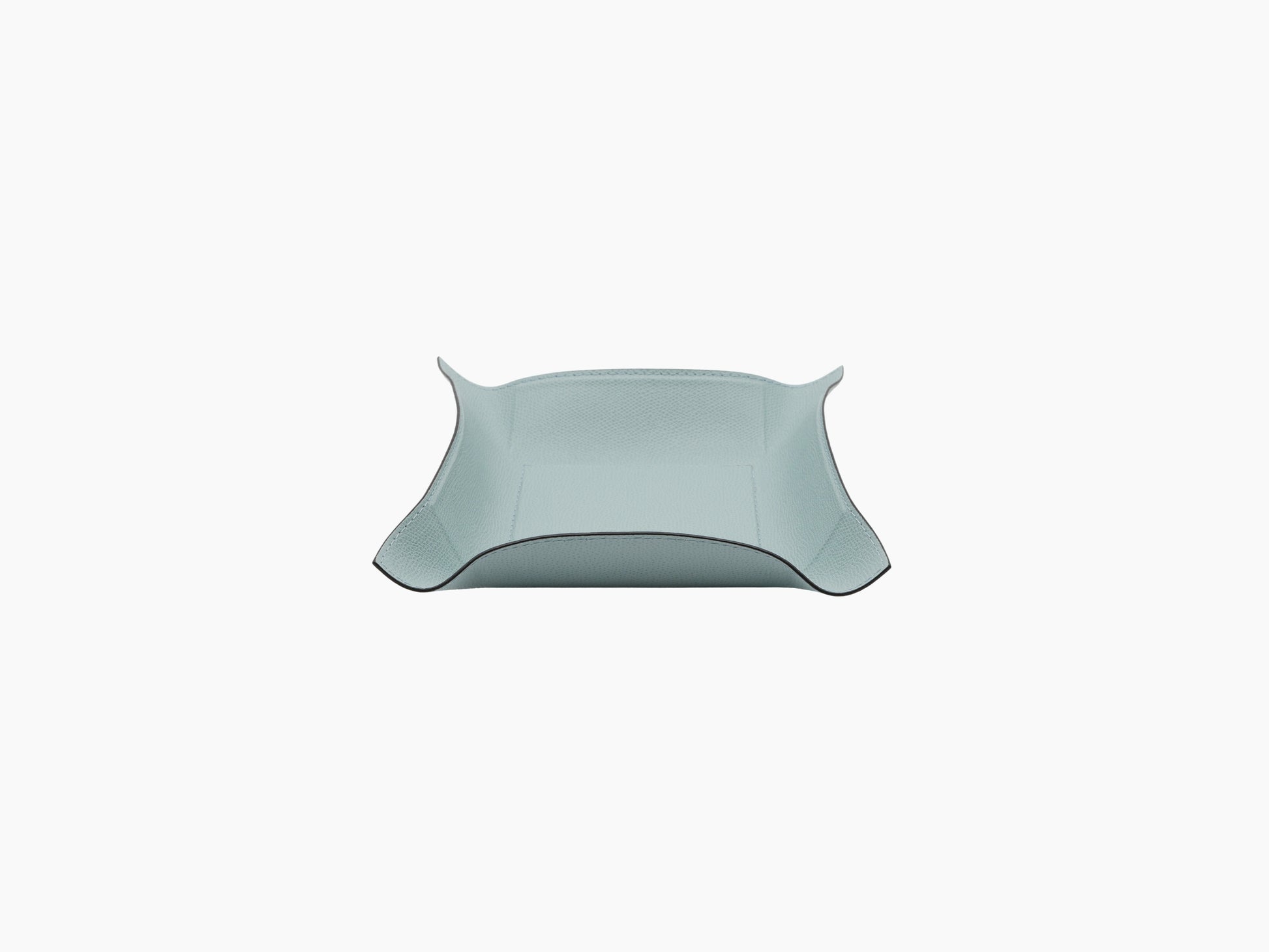 Light blue square Jack Valet Tray in leather with curved edges and dark edge trim