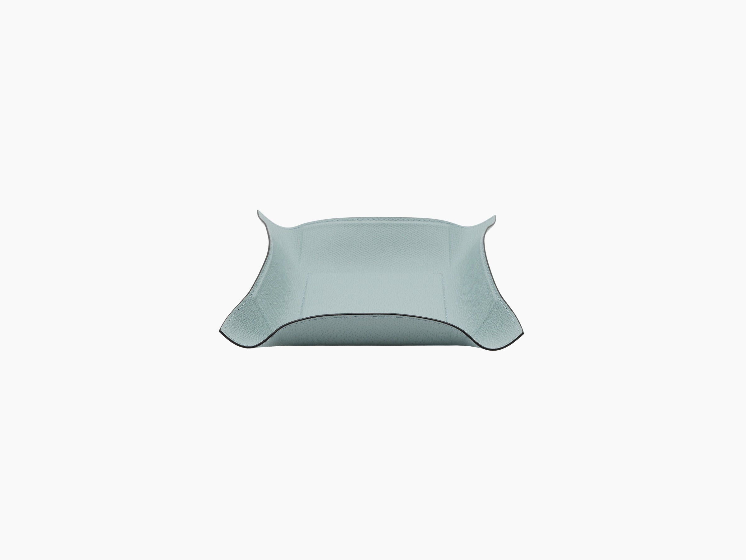 Light blue square Jack Valet Tray in leather with curved edges and dark edge trim