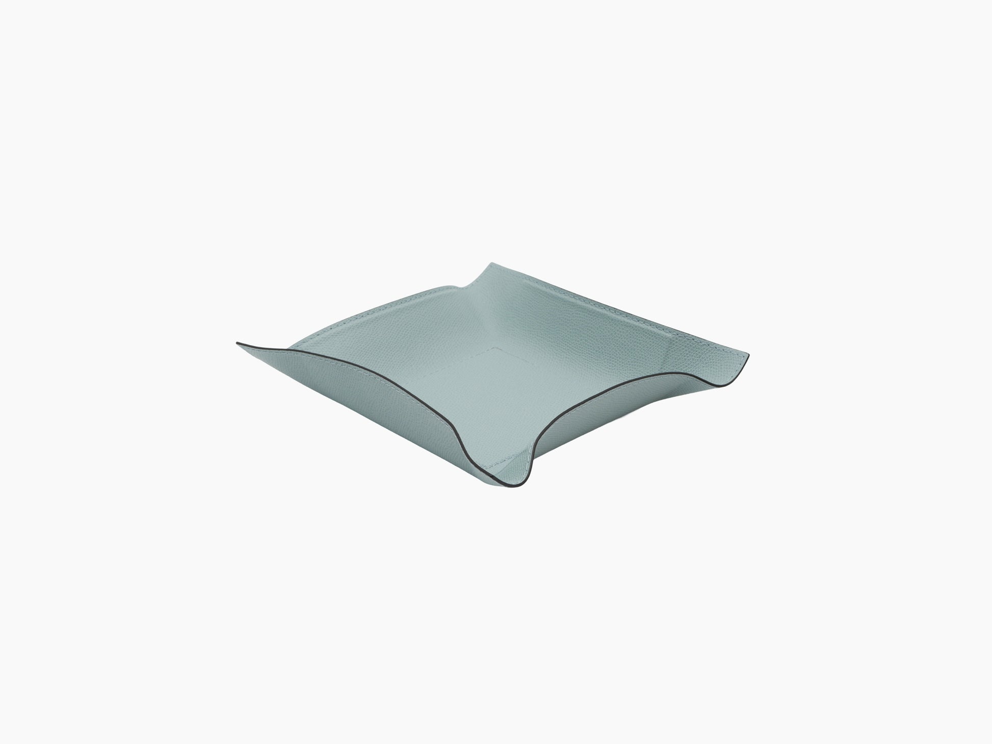 Light blue leather wrapped square valet tray with raised curved edges