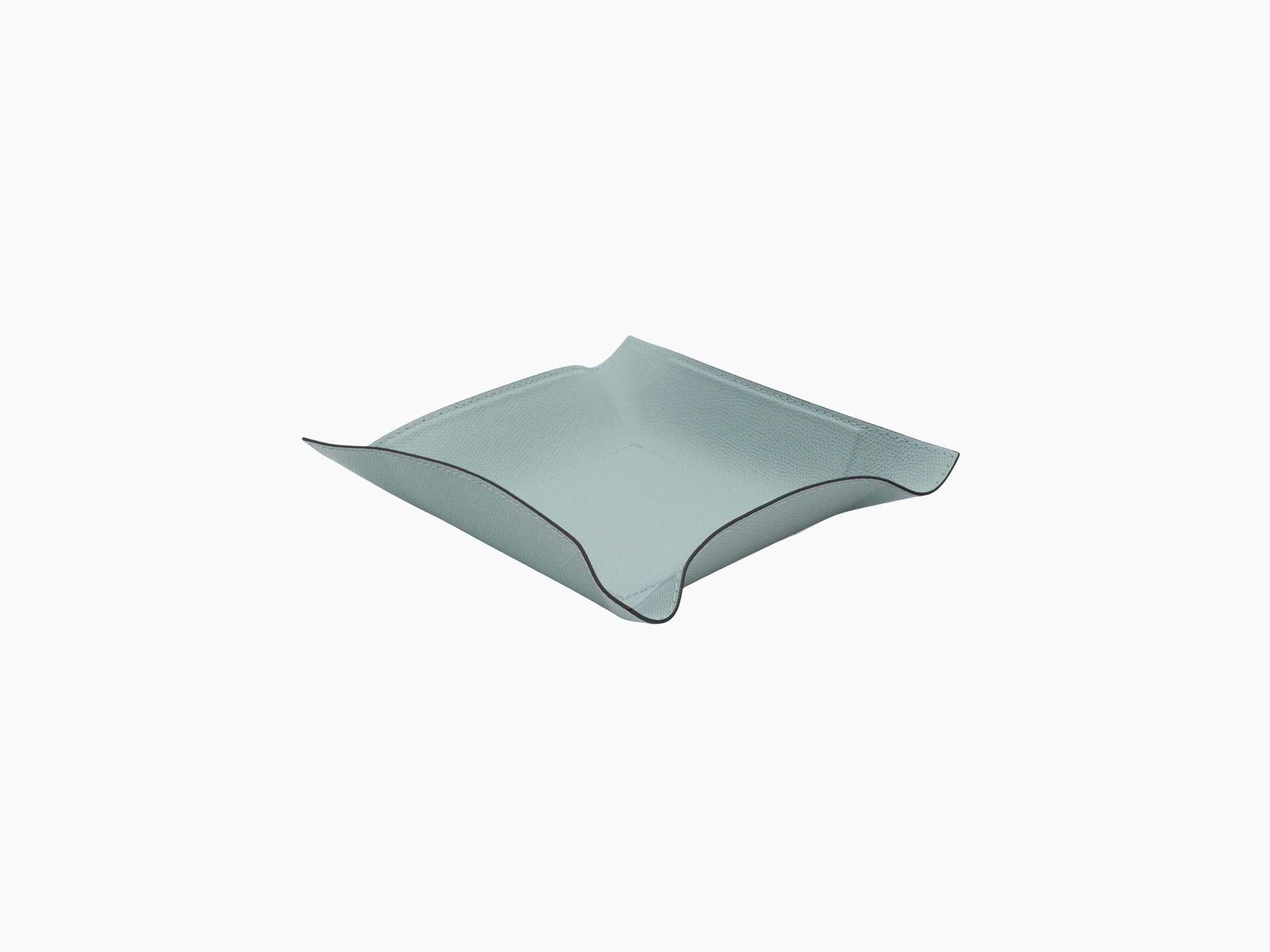 Light blue leather wrapped square valet tray with raised curved edges