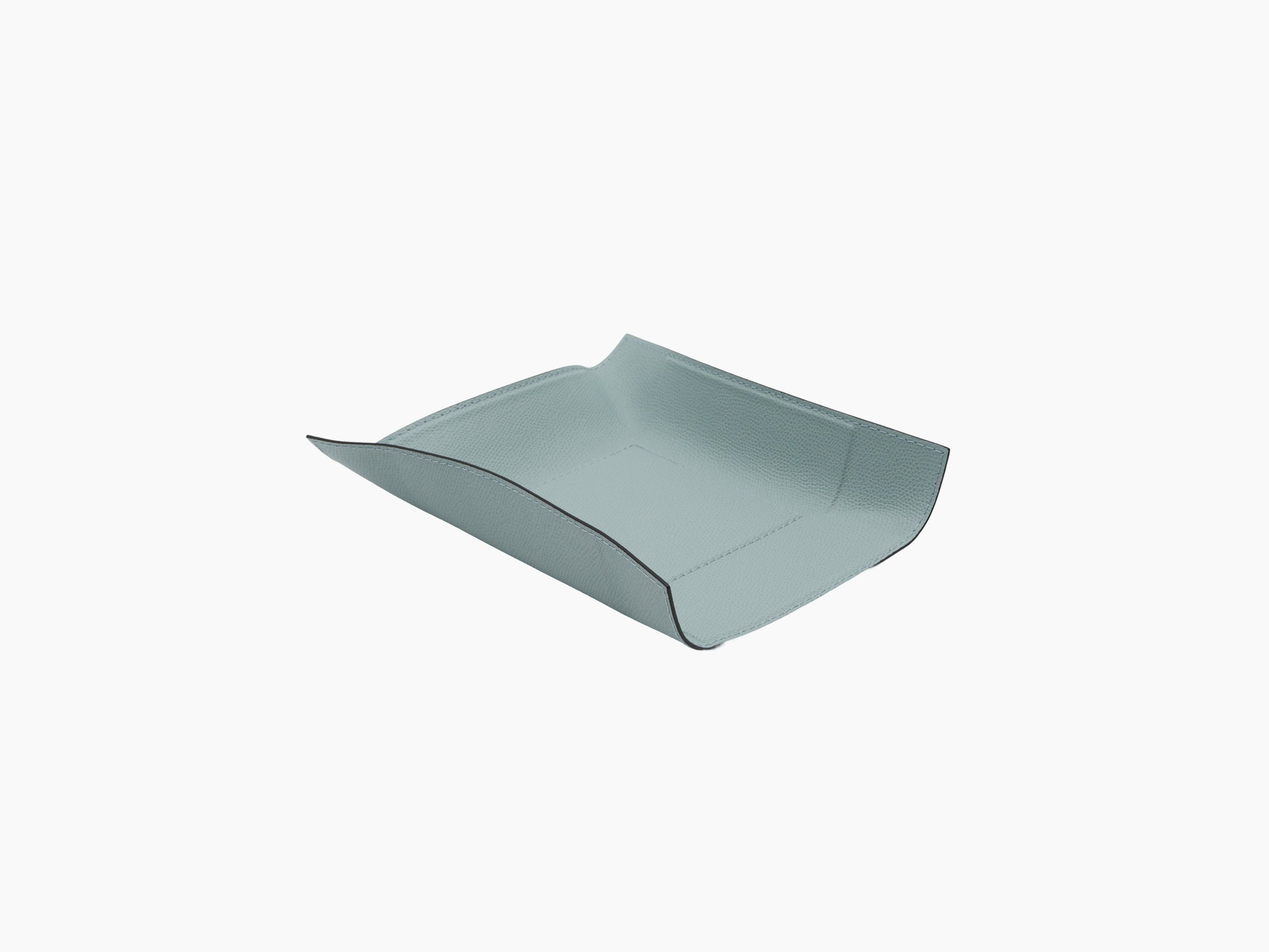 Square medium valet tray wrapped in light blue leather with curved sides